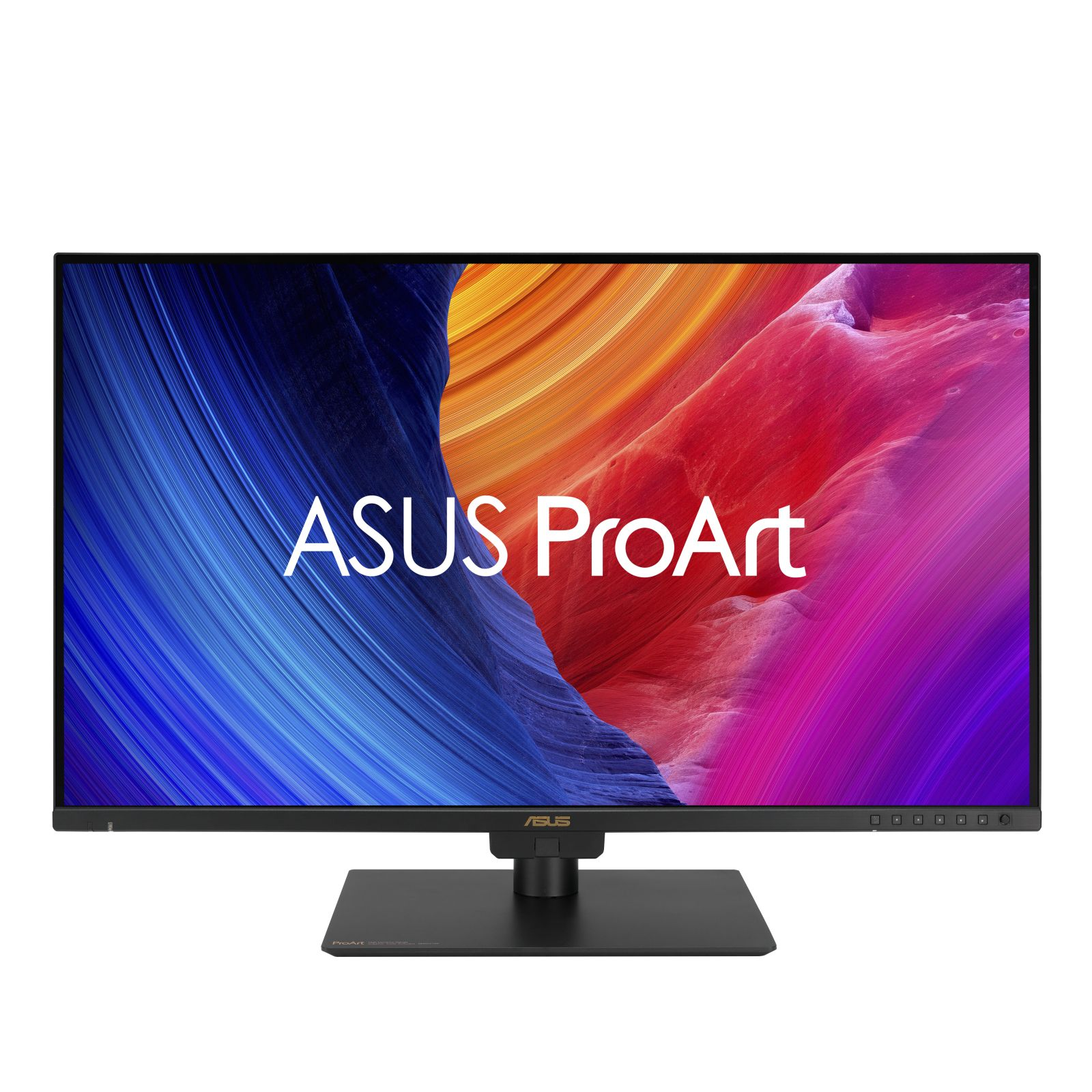 Monitor ASUS ProArt. Ekran wyświetla abstrakcyjną grafikę w kolorze niebieskim, pomarańczowym i czerwonym. Czarny stojak.