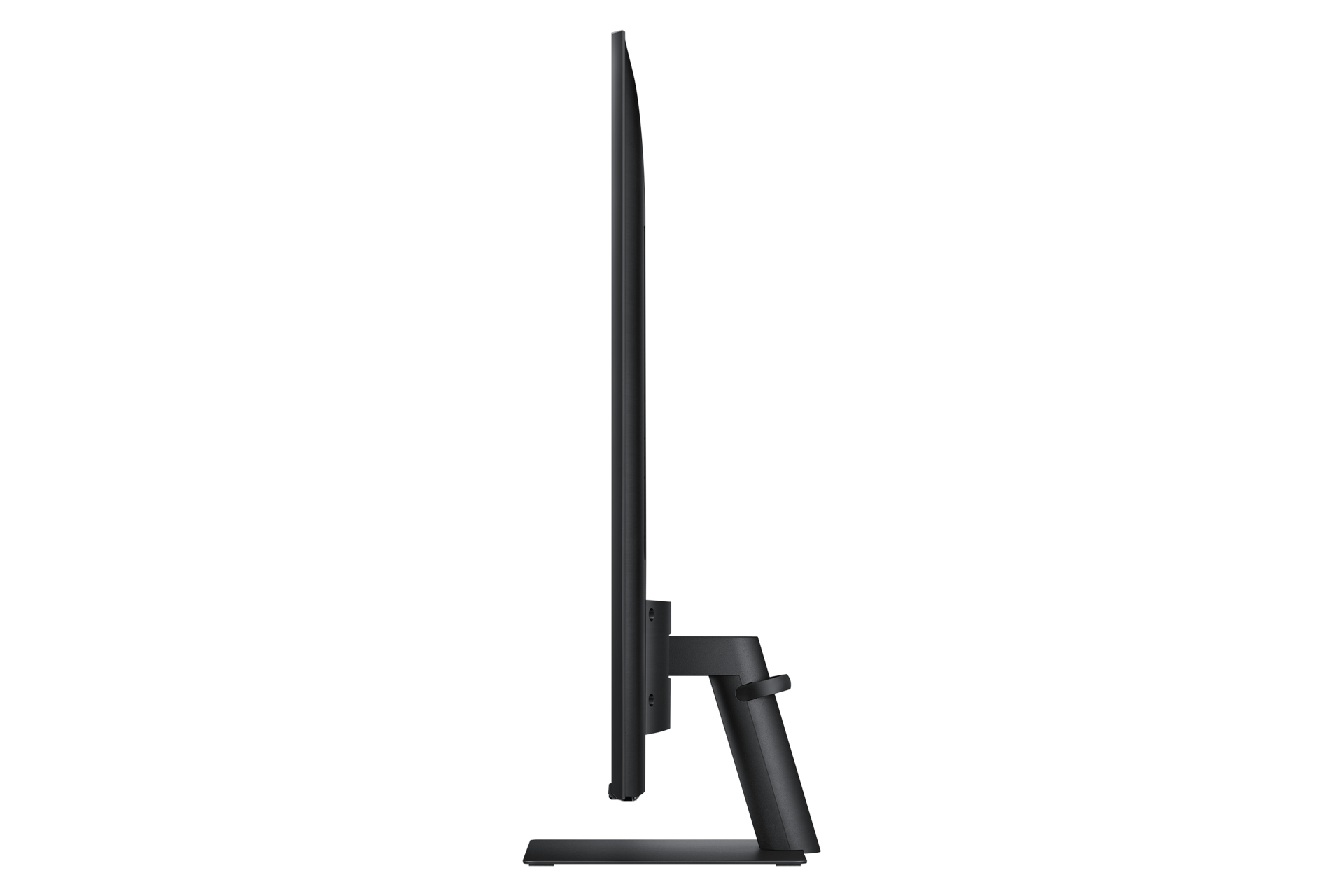 Czarny telewizor z boku, o eleganckim designie i ze stojakiem. Tło jest białe.