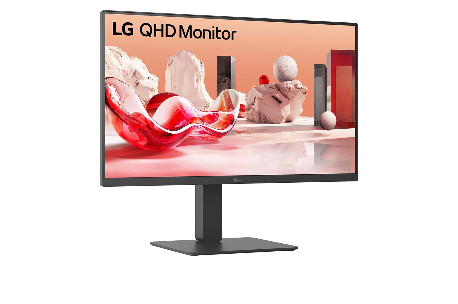 Monitor LG QHD wyświetla abstrakcyjne dzieło sztuki z czerwonymi i białymi kształtami na brzoskwiniowym tle, na czarnym stojaku.