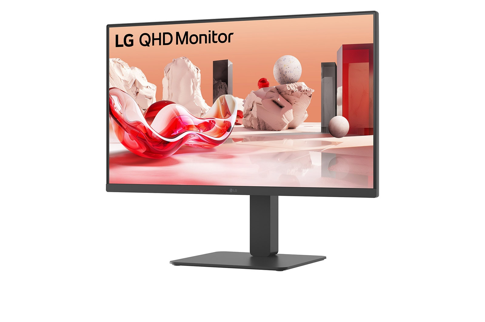 Monitor LG QHD wyświetlający abstrakcyjną grafikę z czerwonymi i białymi kształtami. Monitor na czarnym stojaku na białym tle.