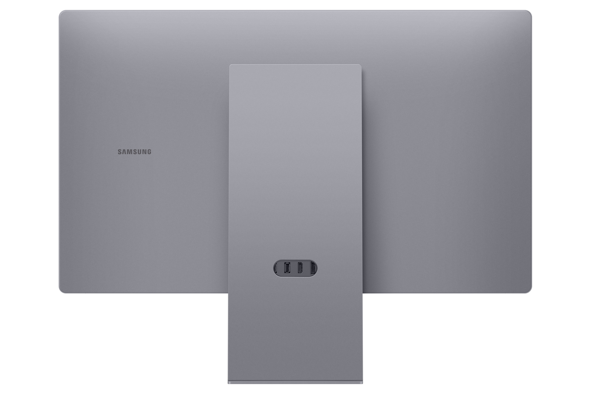 Vista posteriore di un monitor Samsung grigio. Ha un supporto e porte per la connettività. Il logo Samsung è visibile.