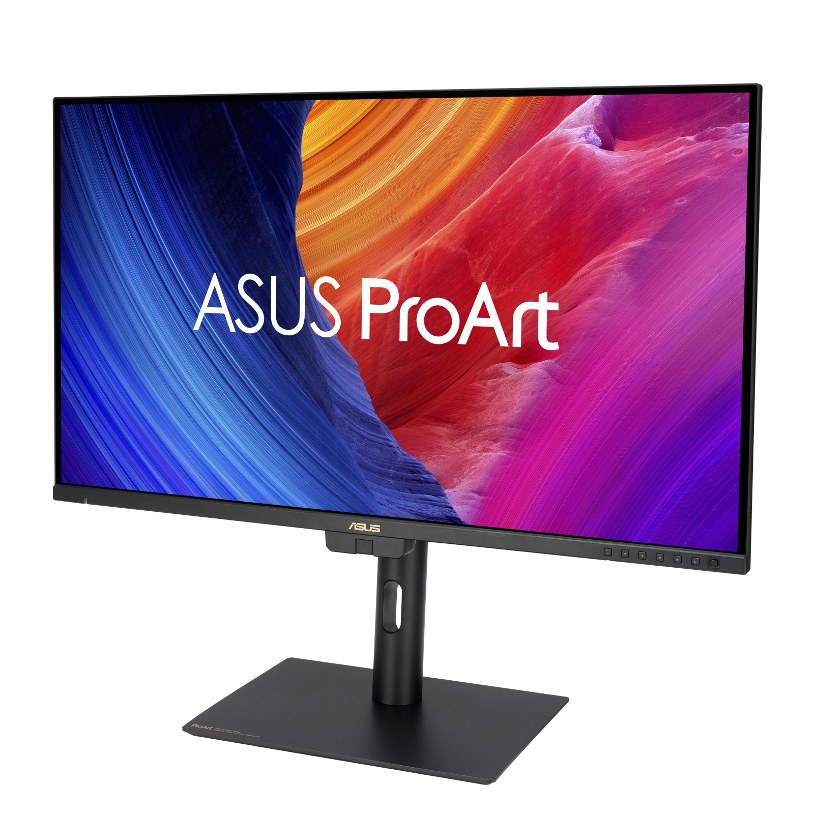 Monitor ASUS ProArt. Ekran wyświetla kolorowe, abstrakcyjne tło. Podstawa jest czarna. Widoczne jest logo ASUS.