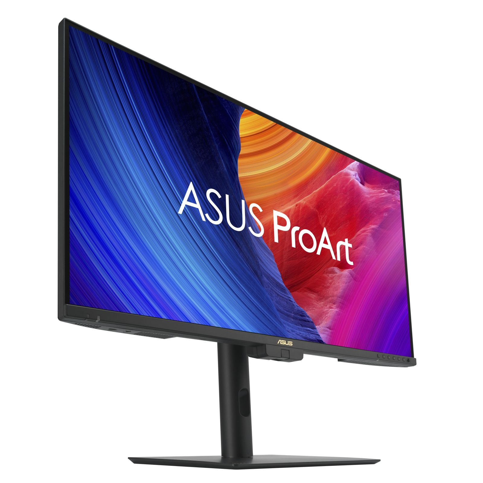 Monitor ASUS ProArt. Ekran wyświetla abstrakcyjną sztukę w kolorze niebieskim i czerwonym. Monitor jest czarny na białym tle.