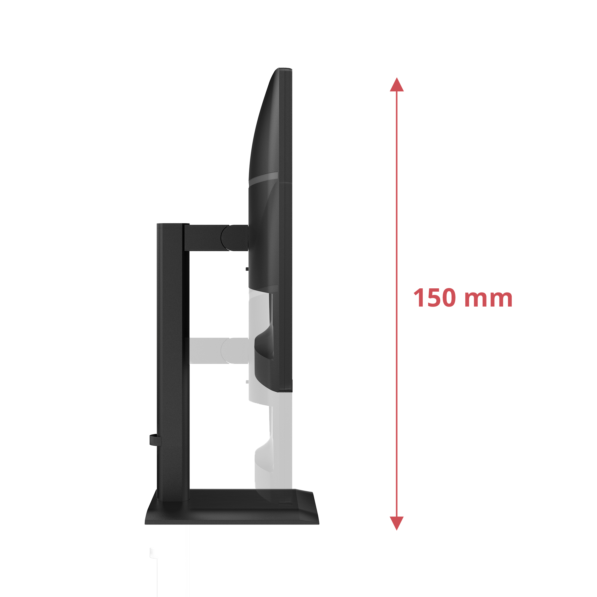 A black monitor stand with a monitor attached, side view. A red line indicates 150 mm height.