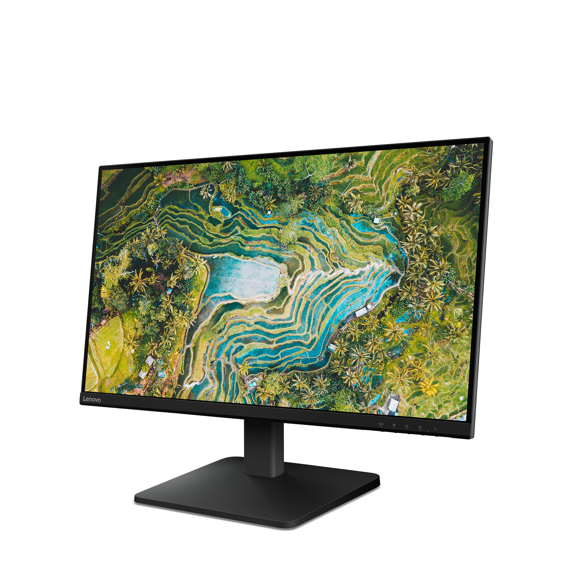 Il monitor Lenovo mostra un paesaggio di risaie. Il monitor è nero, su sfondo bianco.