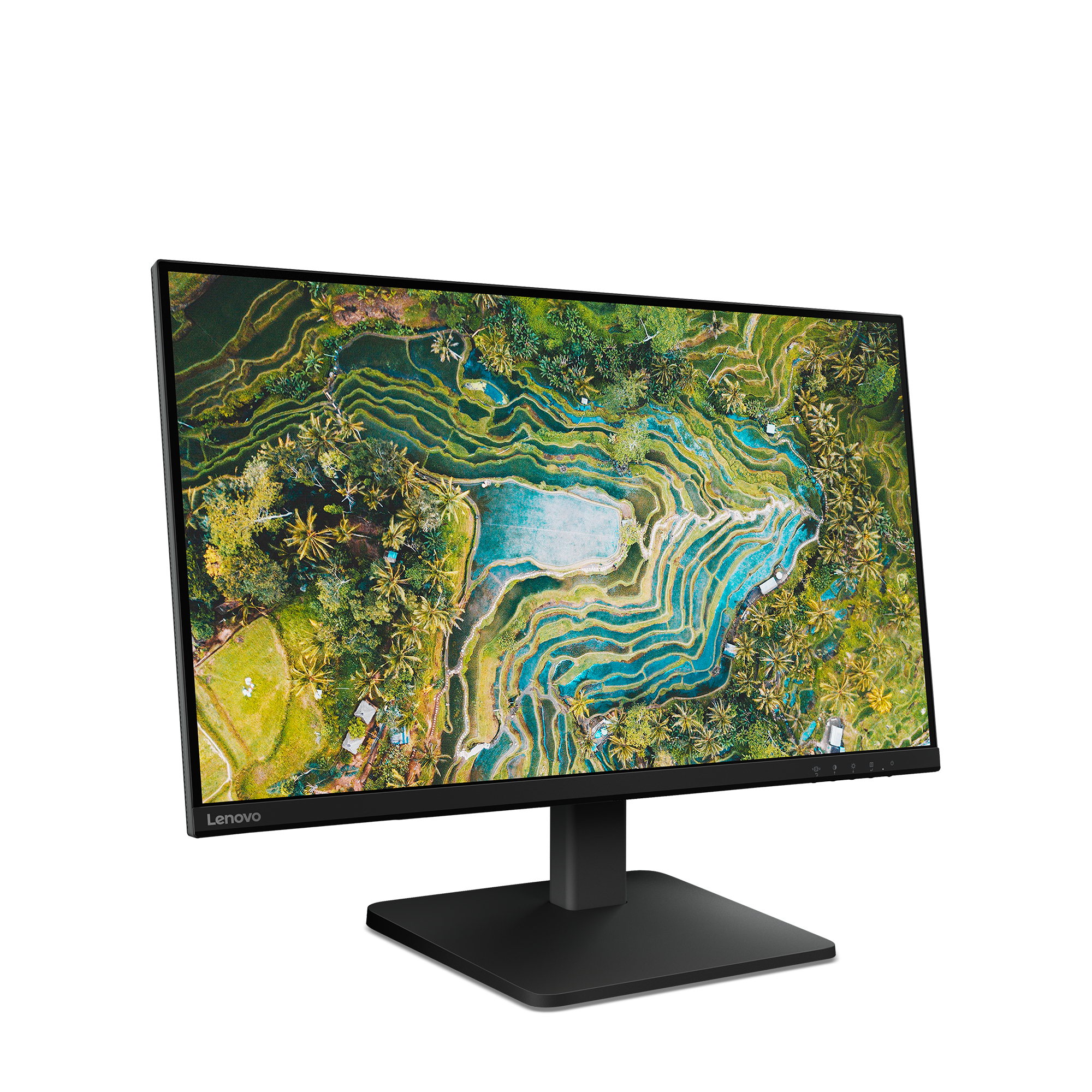Il monitor Lenovo mostra un campo di riso terrazzato con alberi. Il monitor è nero, con base nera su sfondo bianco.