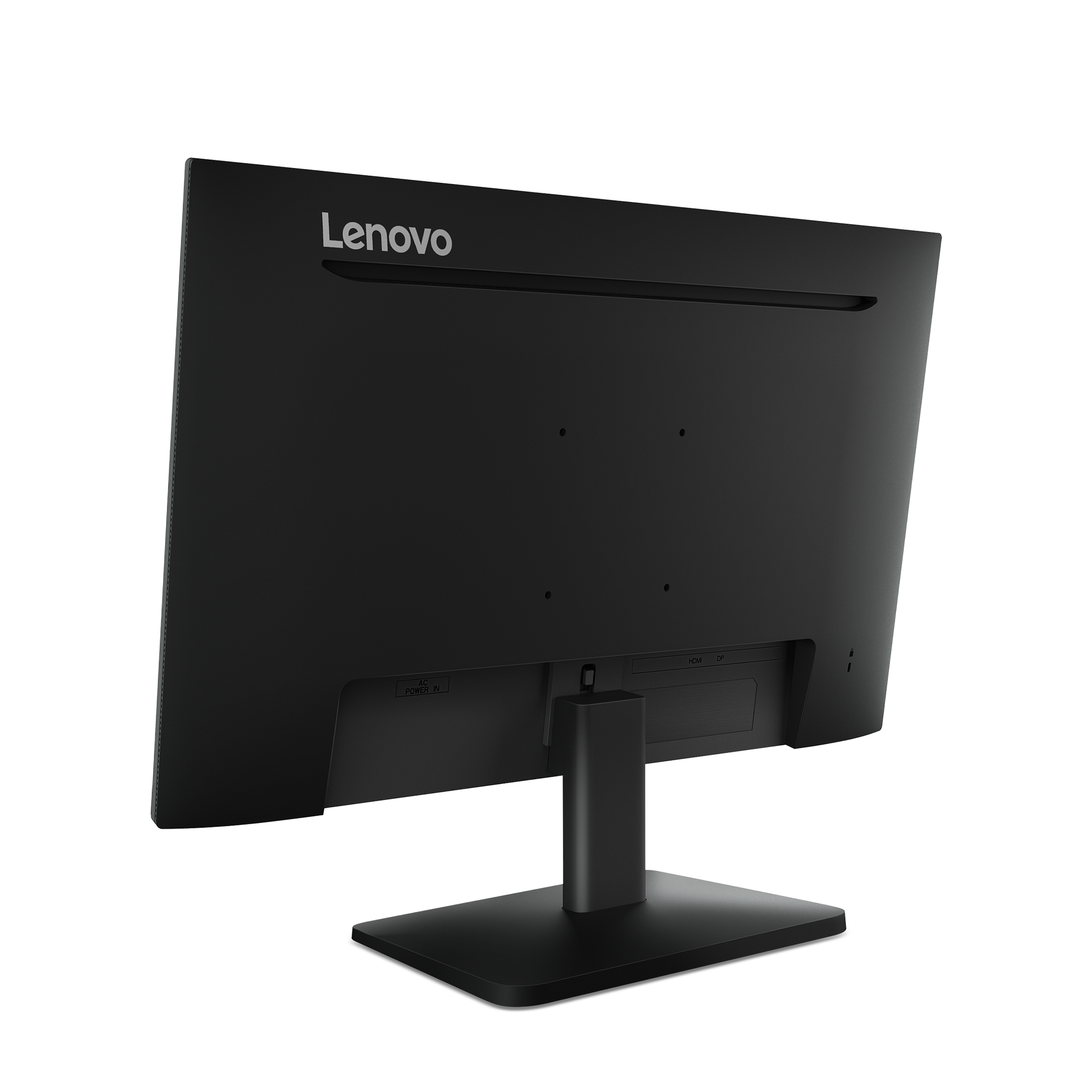 Vista posteriore di un monitor Lenovo nero. È su un supporto nero. Sono visibili le porte e il logo Lenovo.