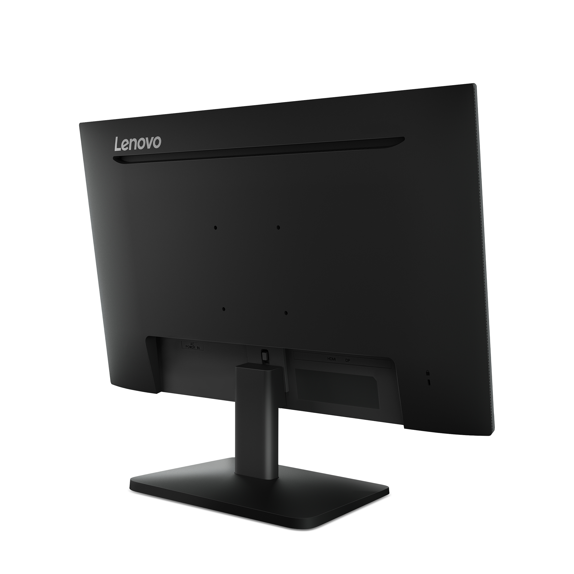 Vista posteriore di un monitor Lenovo nero su sfondo bianco. Ha un supporto e porte HDMI, DP e alimentazione CA.