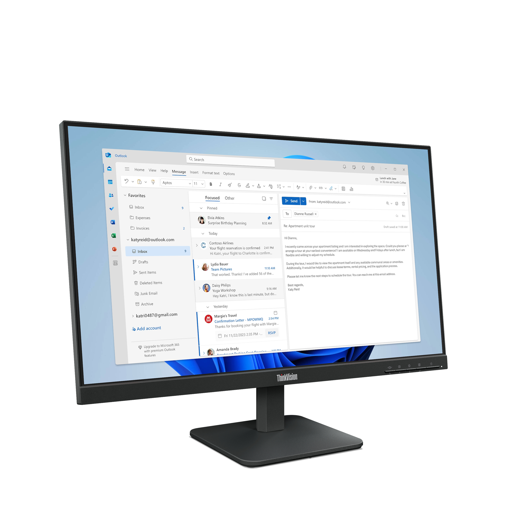 Monitor ThinkVision wyświetla e-mail z programu Outlook. E-mail dotyczy zwiedzania mieszkania. Monitor jest czarny.