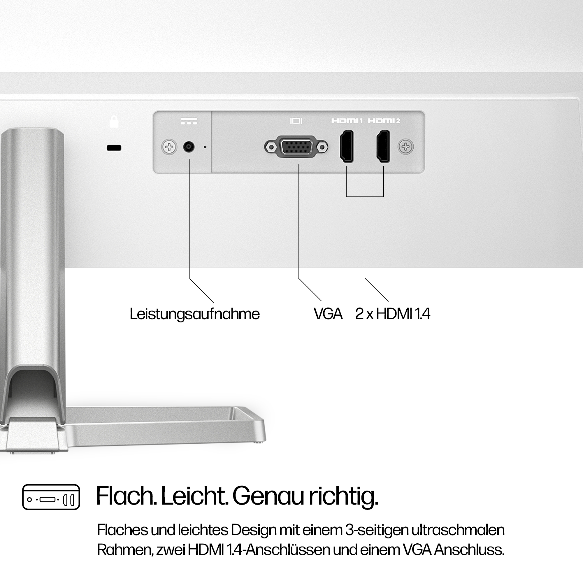 Parte trasera de un monitor con alimentación, VGA y 2 puertos HDMI. Texto: 'Plano. Ligero. Justo a tiempo.' con descripción del producto.