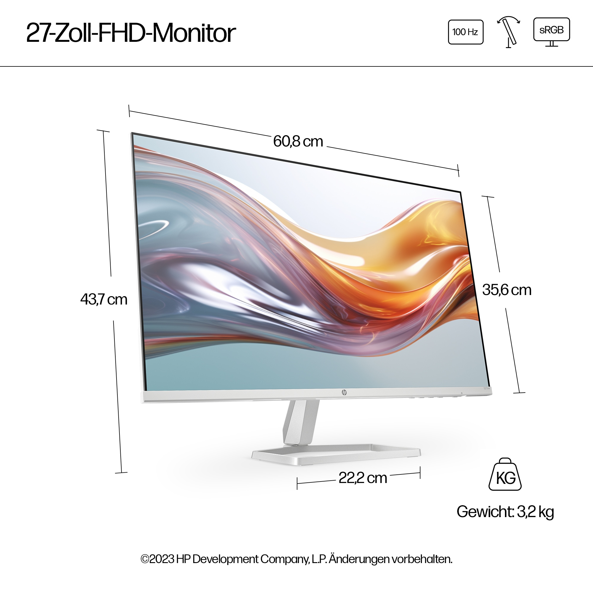 Un monitor FHD de 27 pulgadas con dimensiones, 43,7 cm x 60,8 cm x 35,6 cm. Tiene soporte y pesa 3,2 kg. Incluye 100 Hz y sRGB.