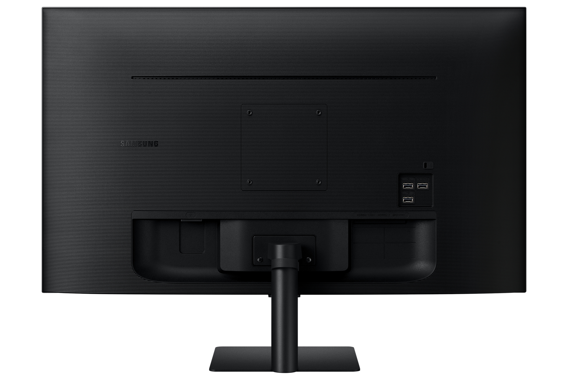 Vista posteriore del monitor Samsung nero. Presenta porte, supporto e superficie strutturata. Logo Samsung visibile.