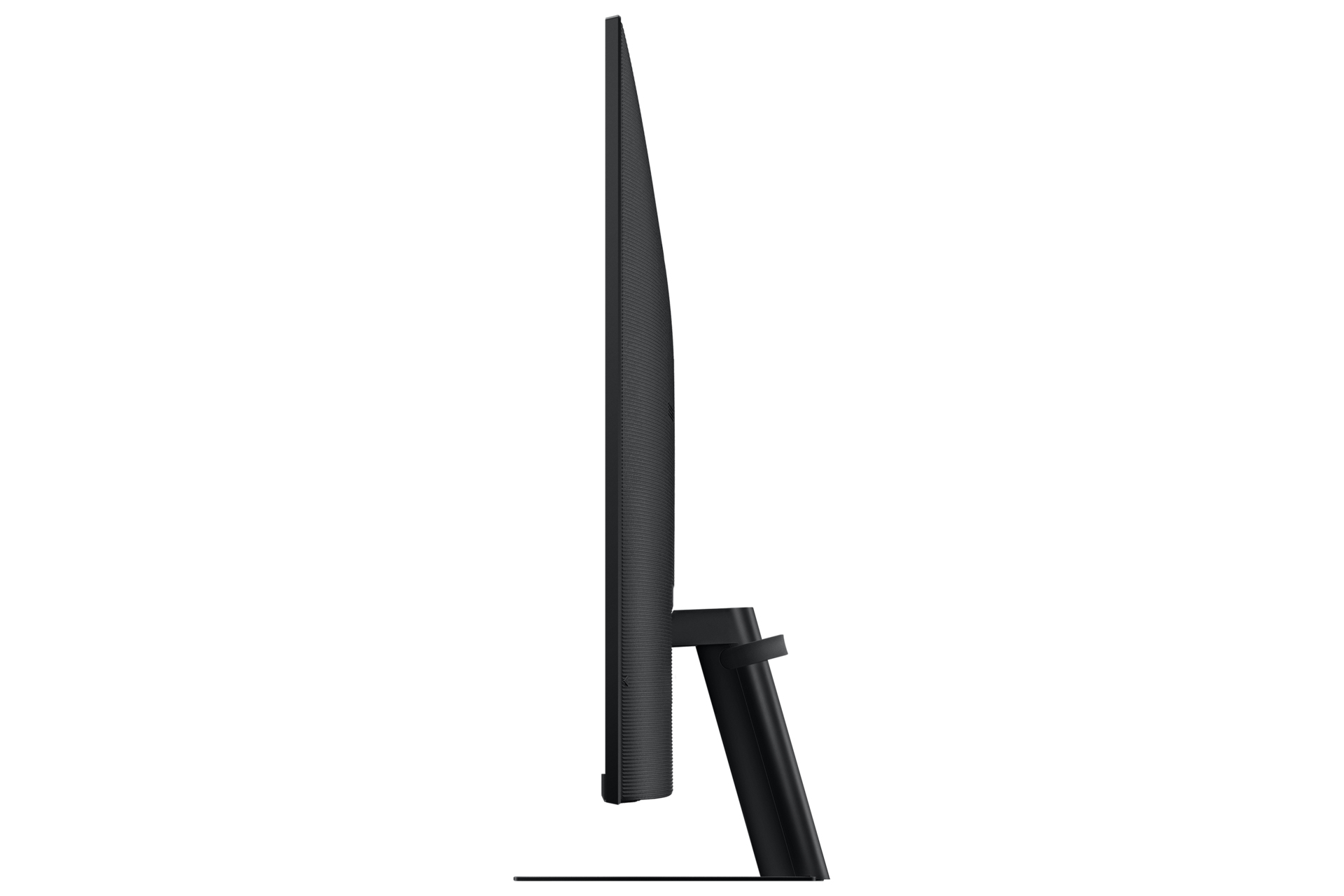 Un monitor del computer nero è mostrato di lato. Il supporto e lo schermo sono visibili su sfondo bianco.