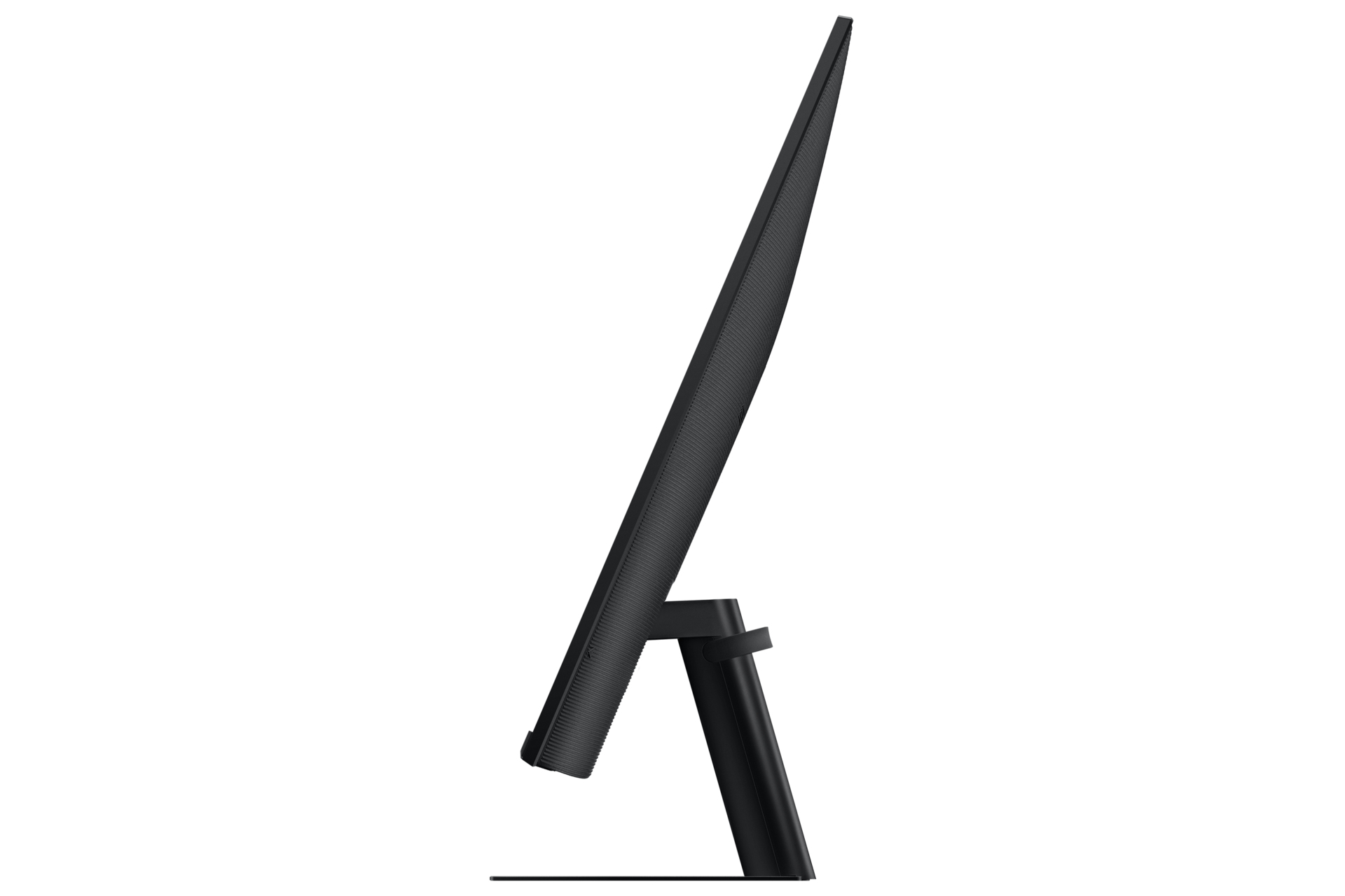 Un monitor di computer nero, visto di lato, su sfondo bianco. Il monitor ha uno schermo curvo e un supporto.