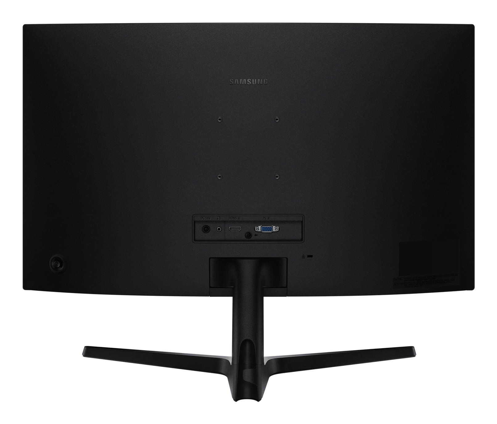 Tył czarnego monitora Samsung, pokazujący porty, podstawę i logo firmy.