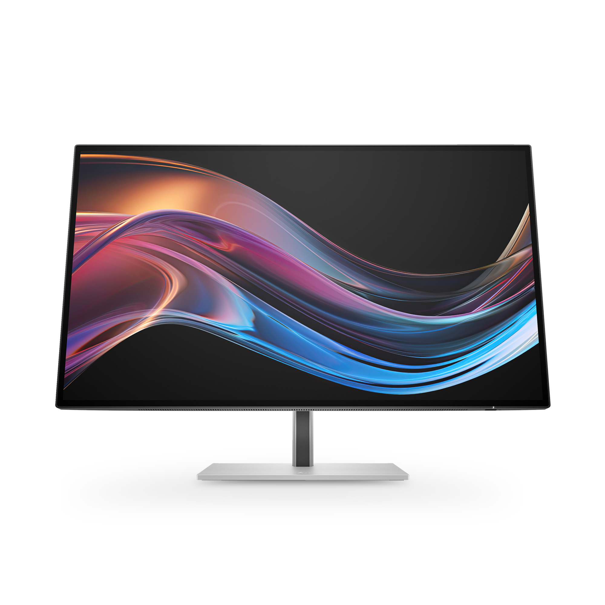 Un monitor per computer con cornice nera mostra un design astratto colorato. Il monitor è su una base argentata, sfondo bianco.