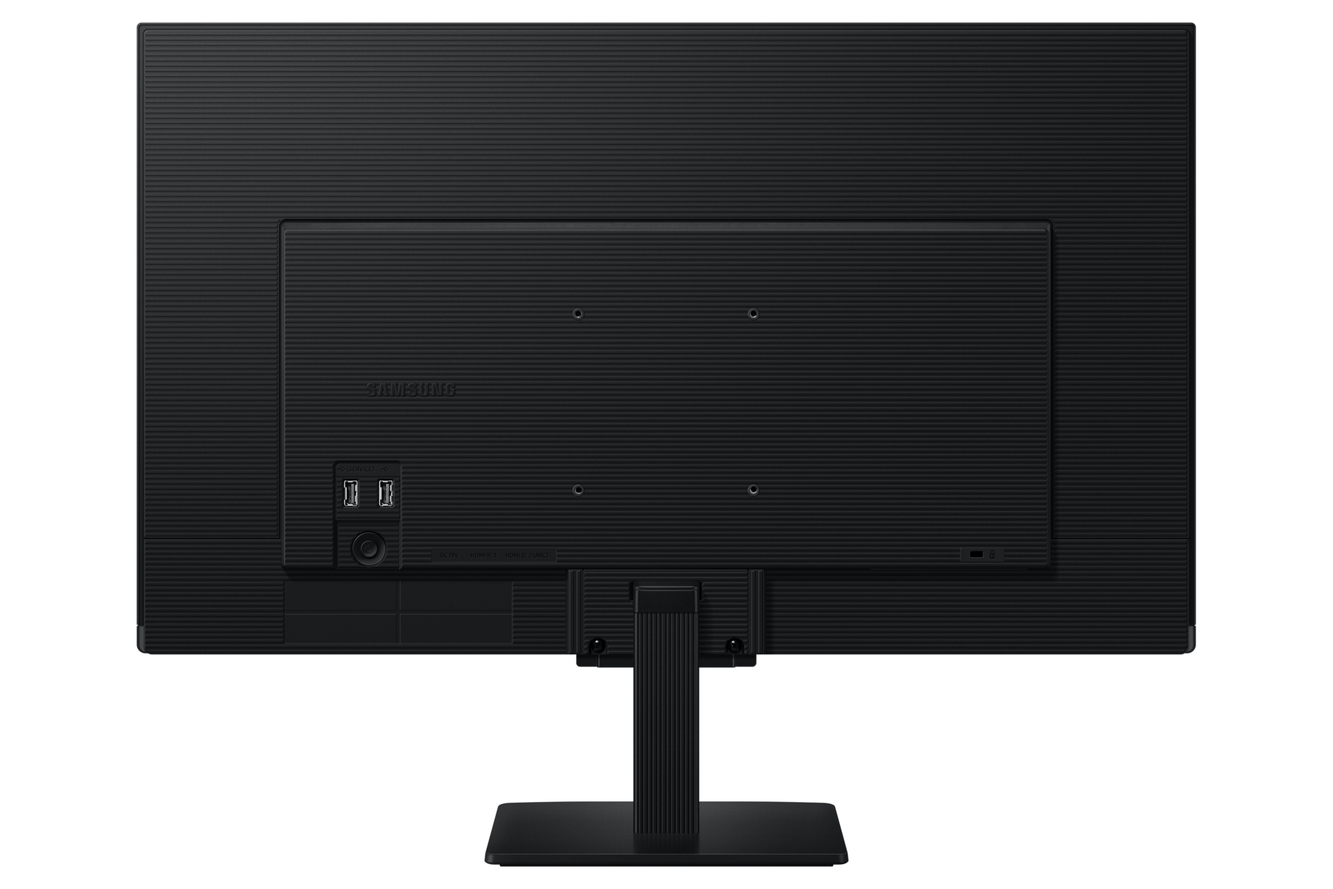 Retro di un monitor Samsung nero, che mostra porte, supporto e superficie strutturata. Il logo Samsung è visibile.