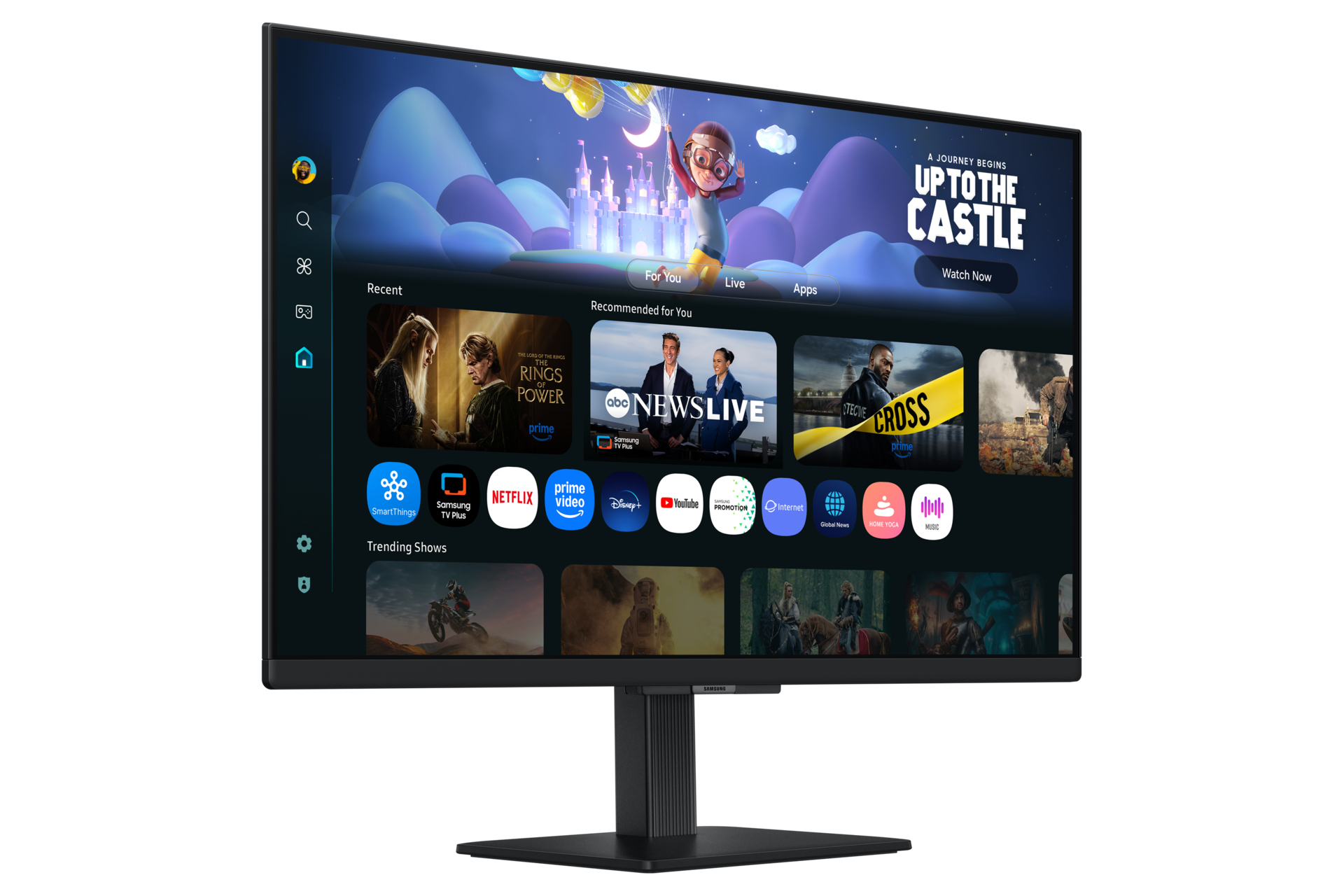 Un monitor Samsung nero mostra un'interfaccia di servizio di streaming con icone di app, selezioni di film e le parole 'Up to the Castle'.