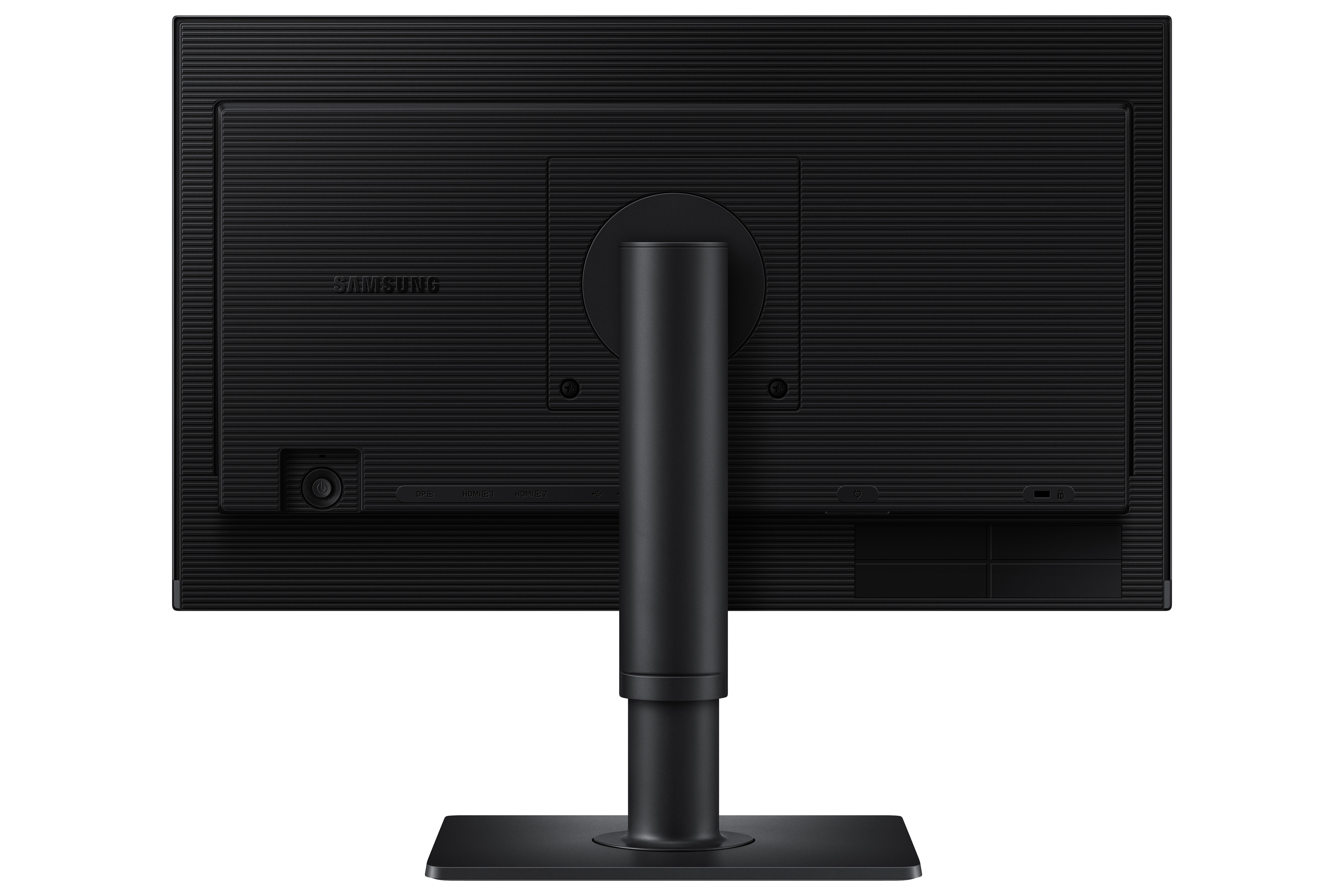 Vista posteriore di un monitor Samsung nero. Ha un supporto, porte e il logo Samsung.