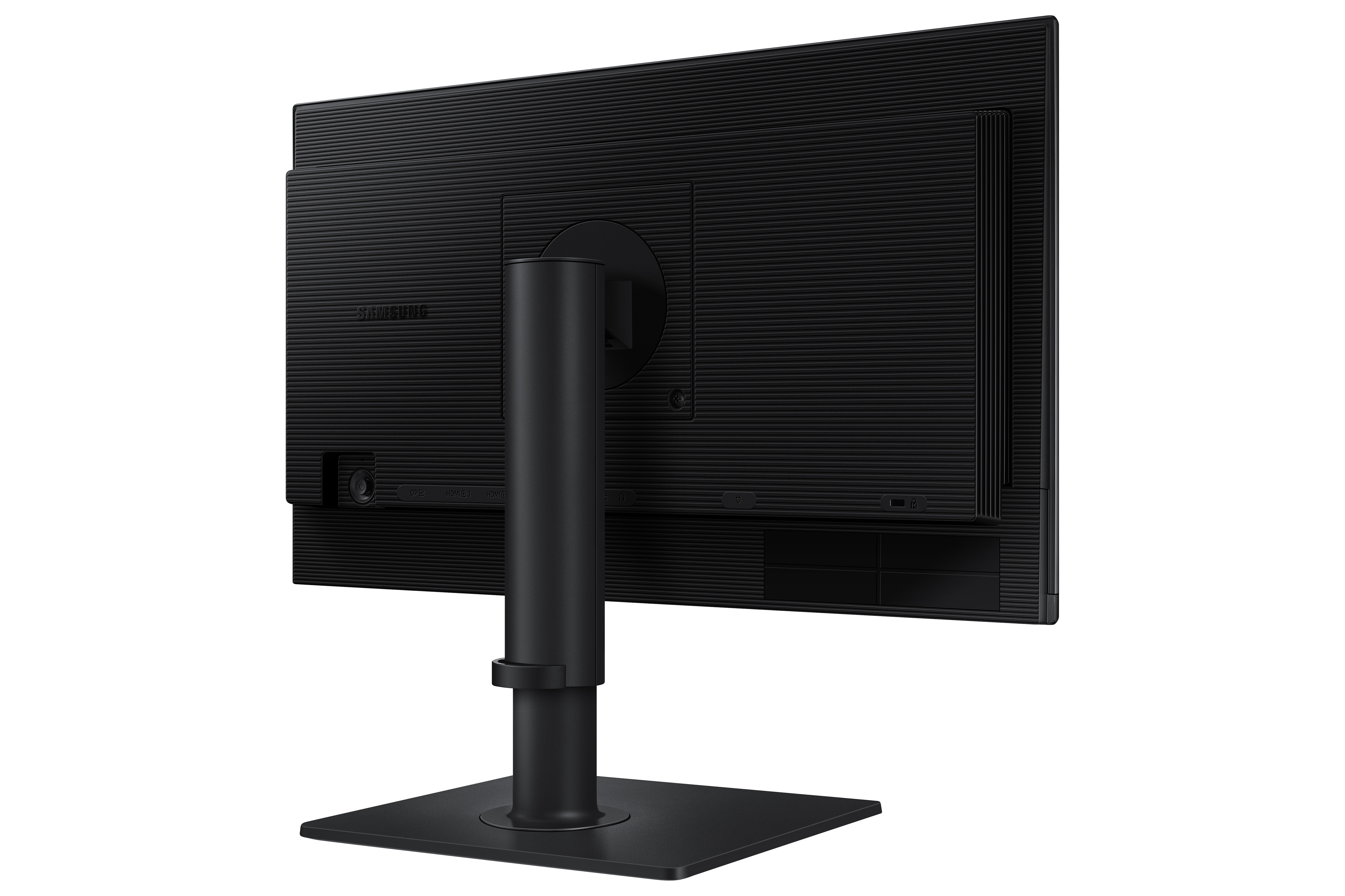 Vista posteriore di un monitor nero su un supporto nero. Le porte sono visibili. Il marchio è sullo schermo.