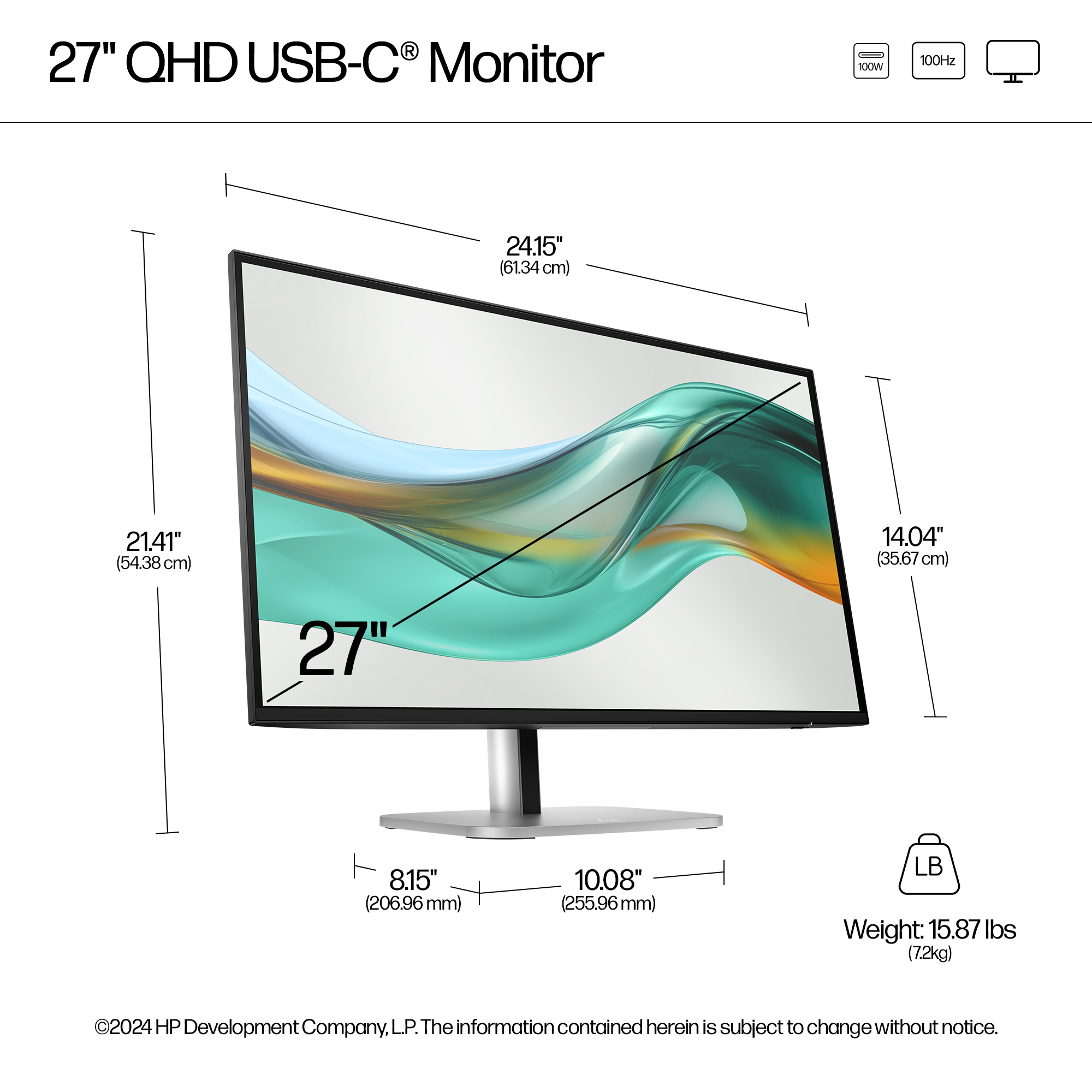 Ein 27-Zoll-Monitor mit angezeigten Abmessungen, einschließlich einer Breite von 24,15 Zoll. Verfügt über USB-C, 100Hz und 100W Symbole.