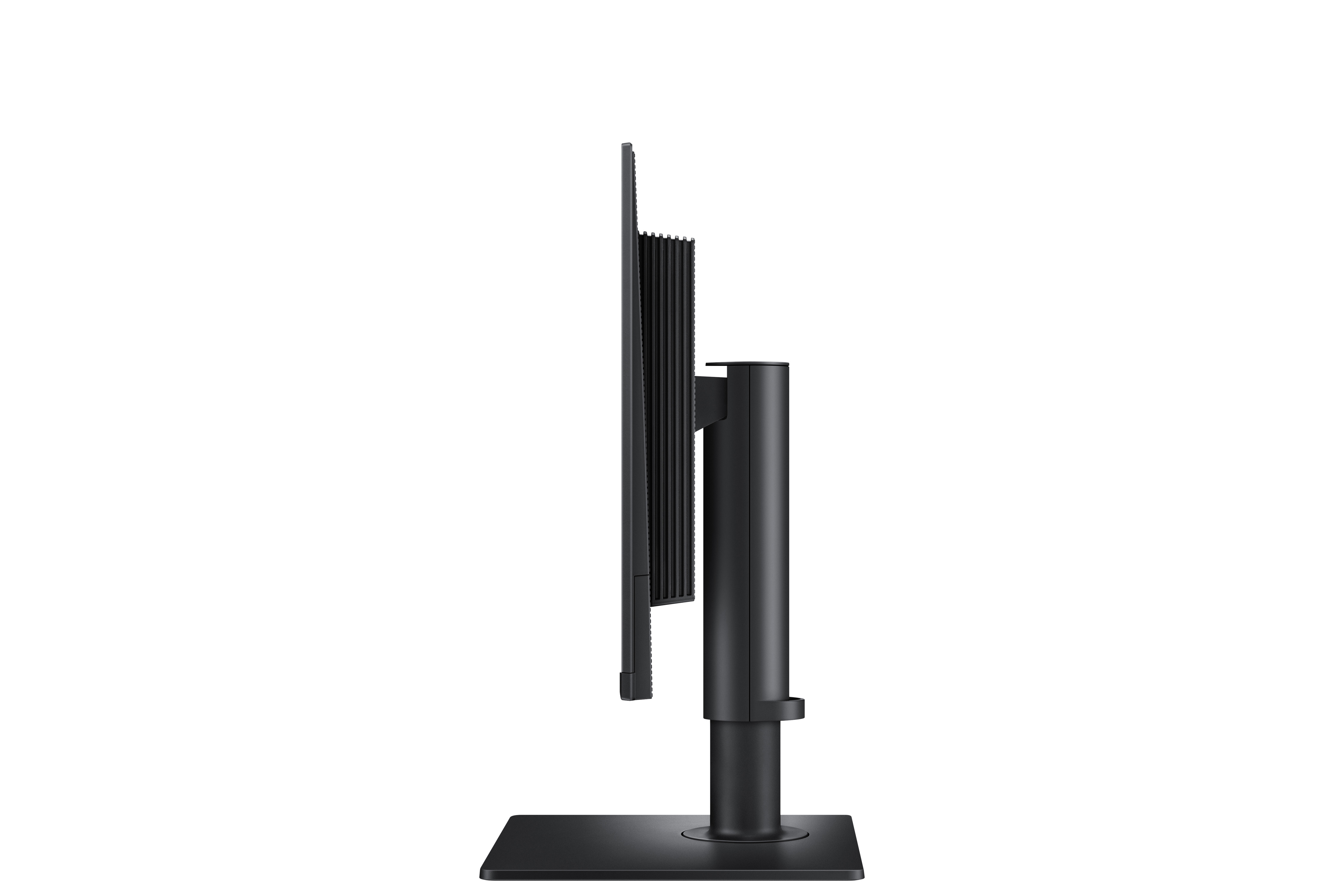 Vista laterale di un monitor per computer nero. Ha un supporto e si trova su uno sfondo bianco.