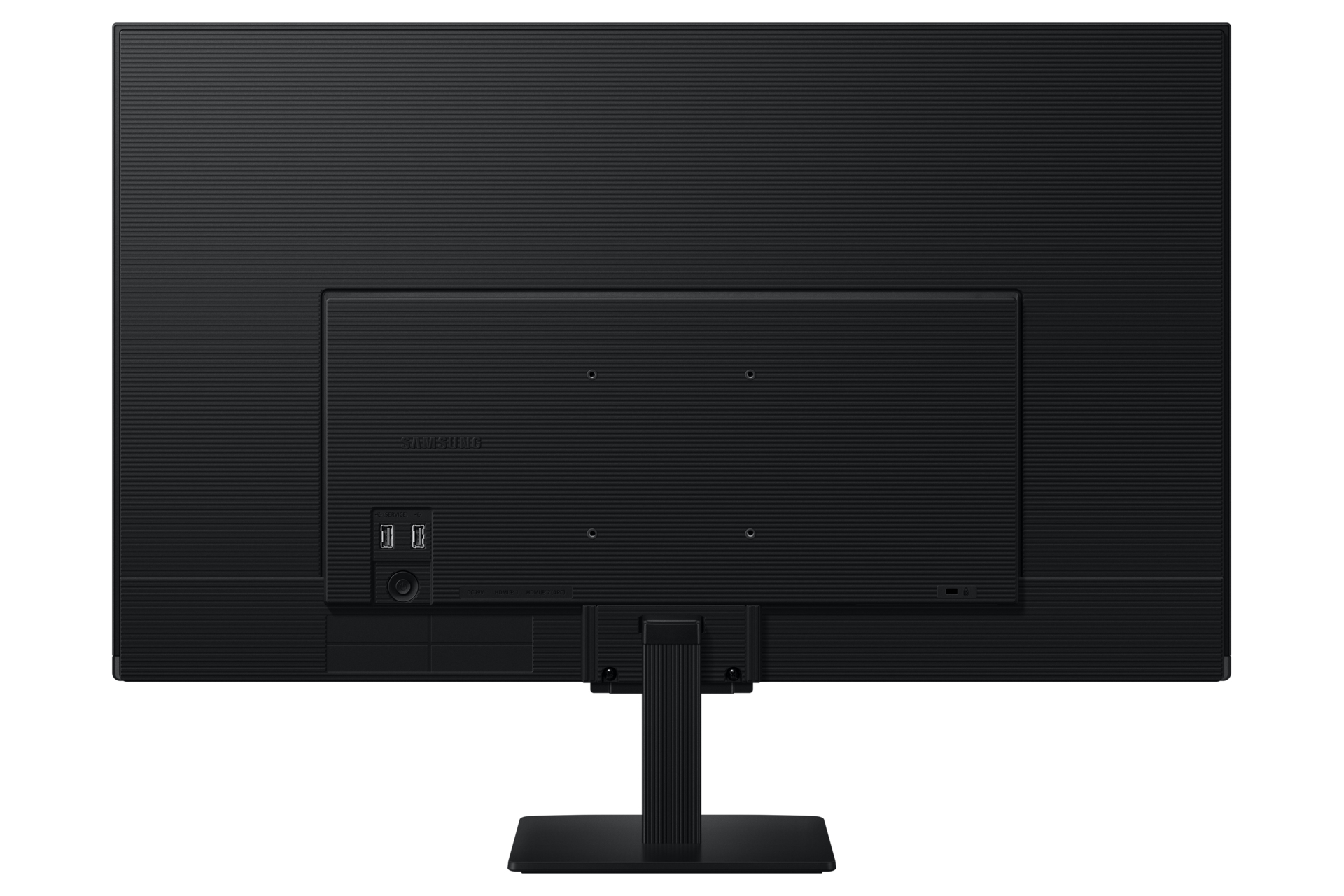 Parte trasera de un monitor de ordenador negro con soporte. Tiene una superficie texturizada, puertos y el logotipo de Samsung.