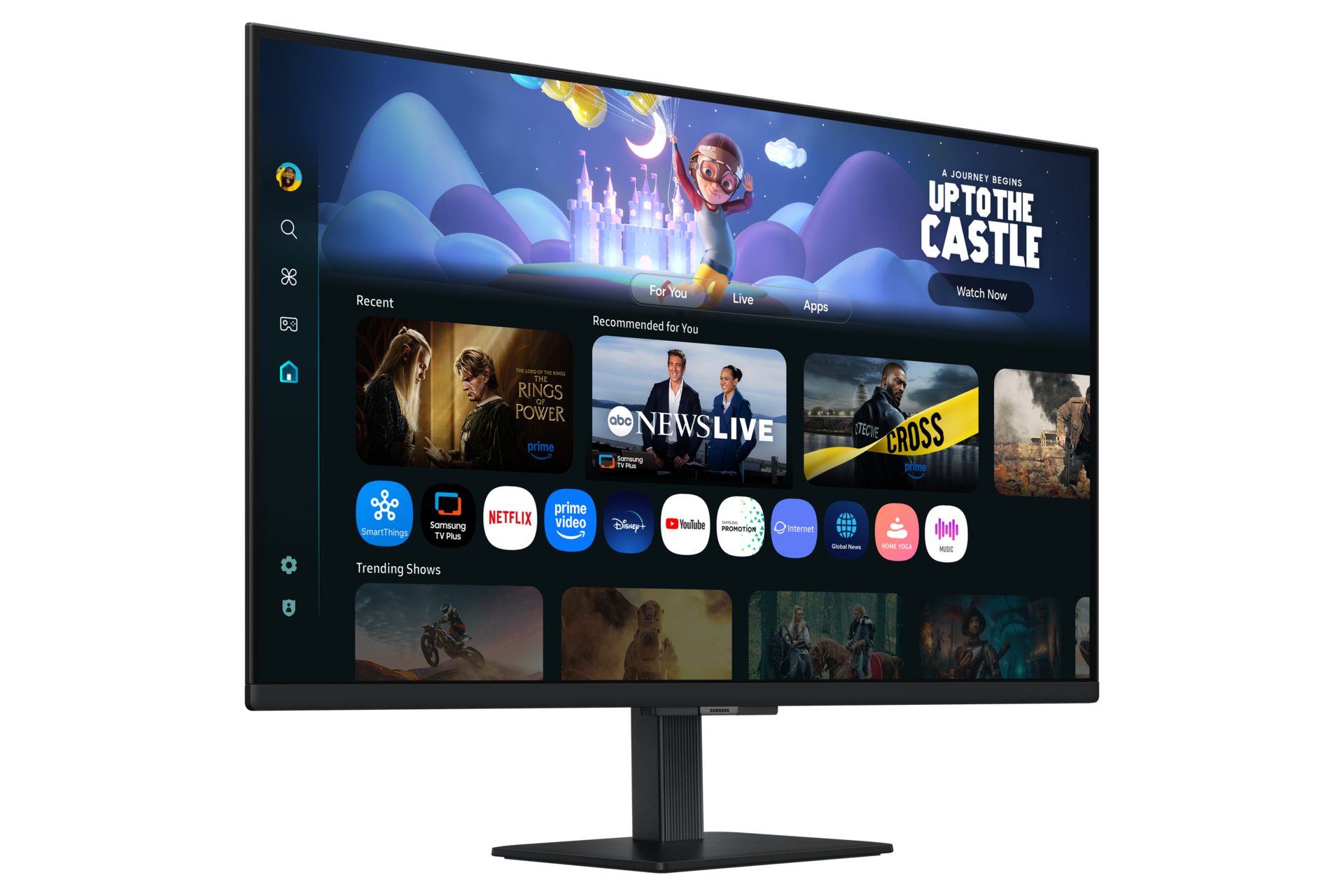 Una pantalla de TV muestra aplicaciones como Netflix, Prime Video y Disney+. La pantalla muestra una imagen de dibujos animados y un menú de programas de moda.