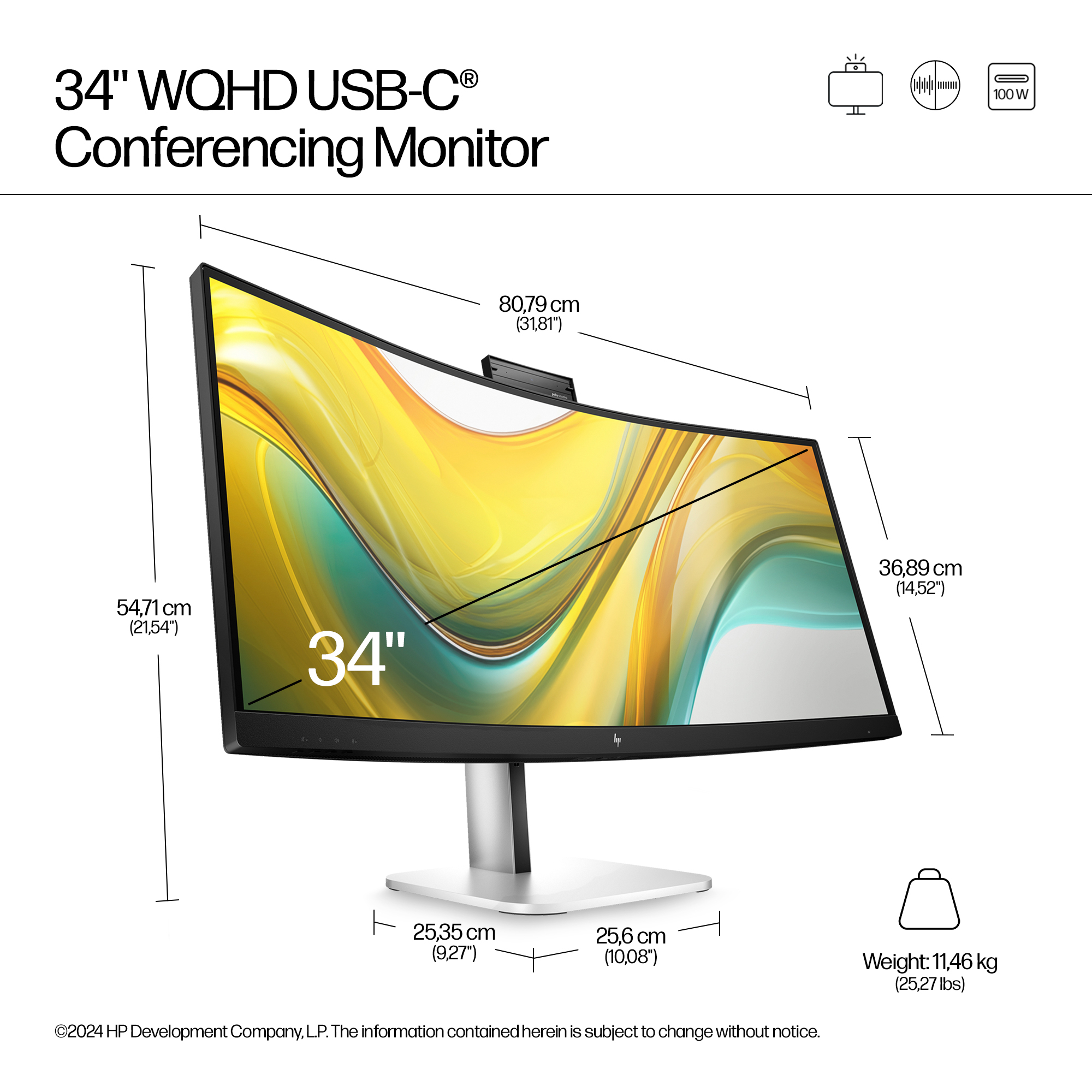 34" zakrzywiony monitor konferencyjny z kamerą internetową. Wyświetla wymiary, ikony i logo HP.