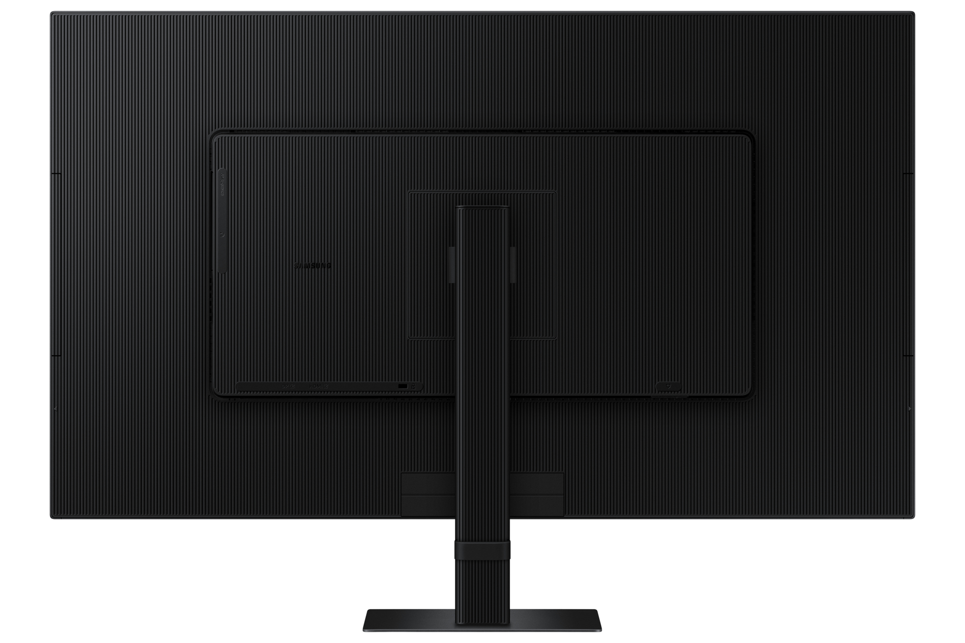 Tył czarnego monitora. Ma żebrowaną teksturę i podstawkę. Widoczne jest logo Samsung.