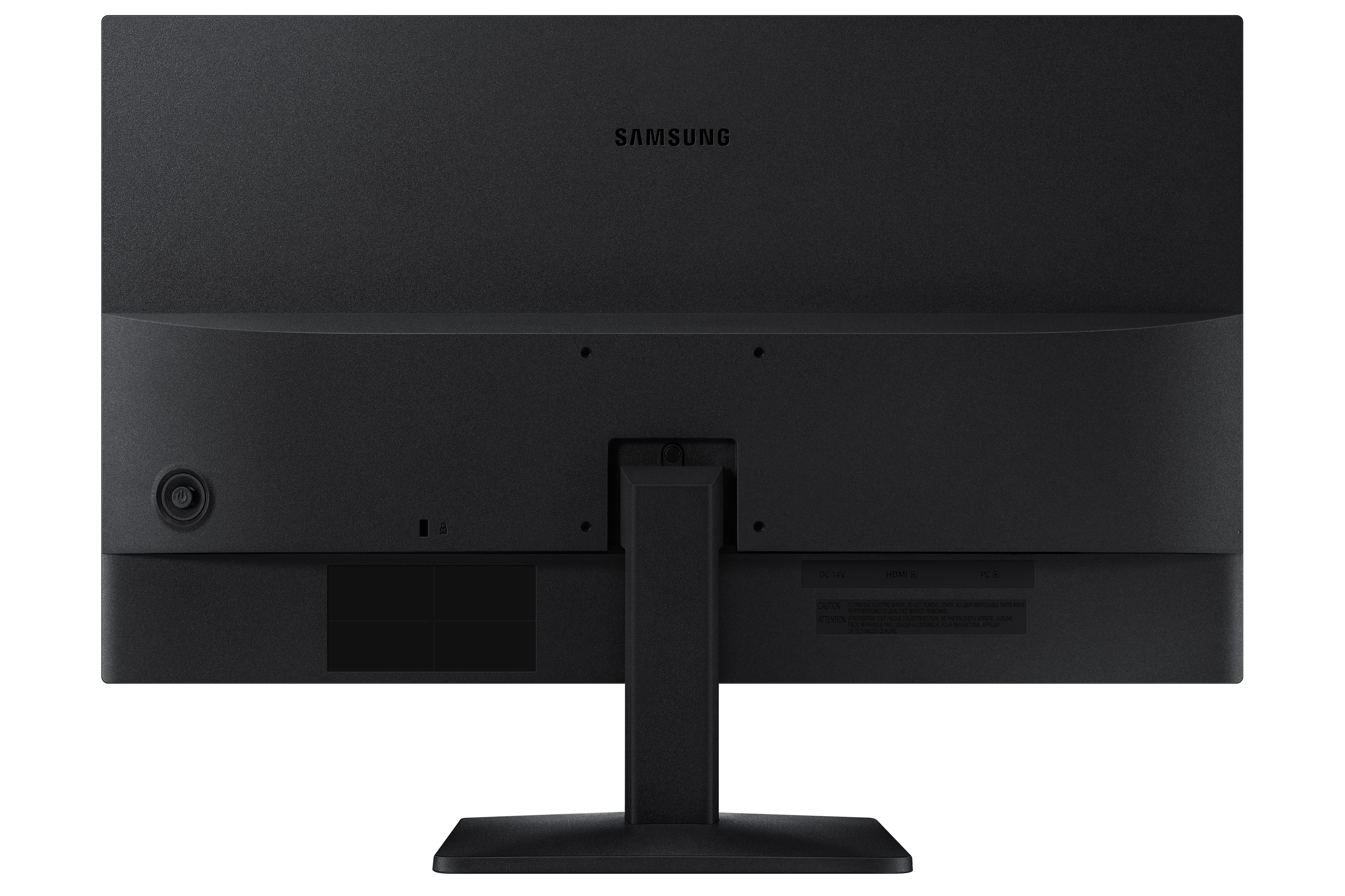 Vista posteriore di un monitor Samsung nero. Ha porte DC, HDMI e PC e un supporto.