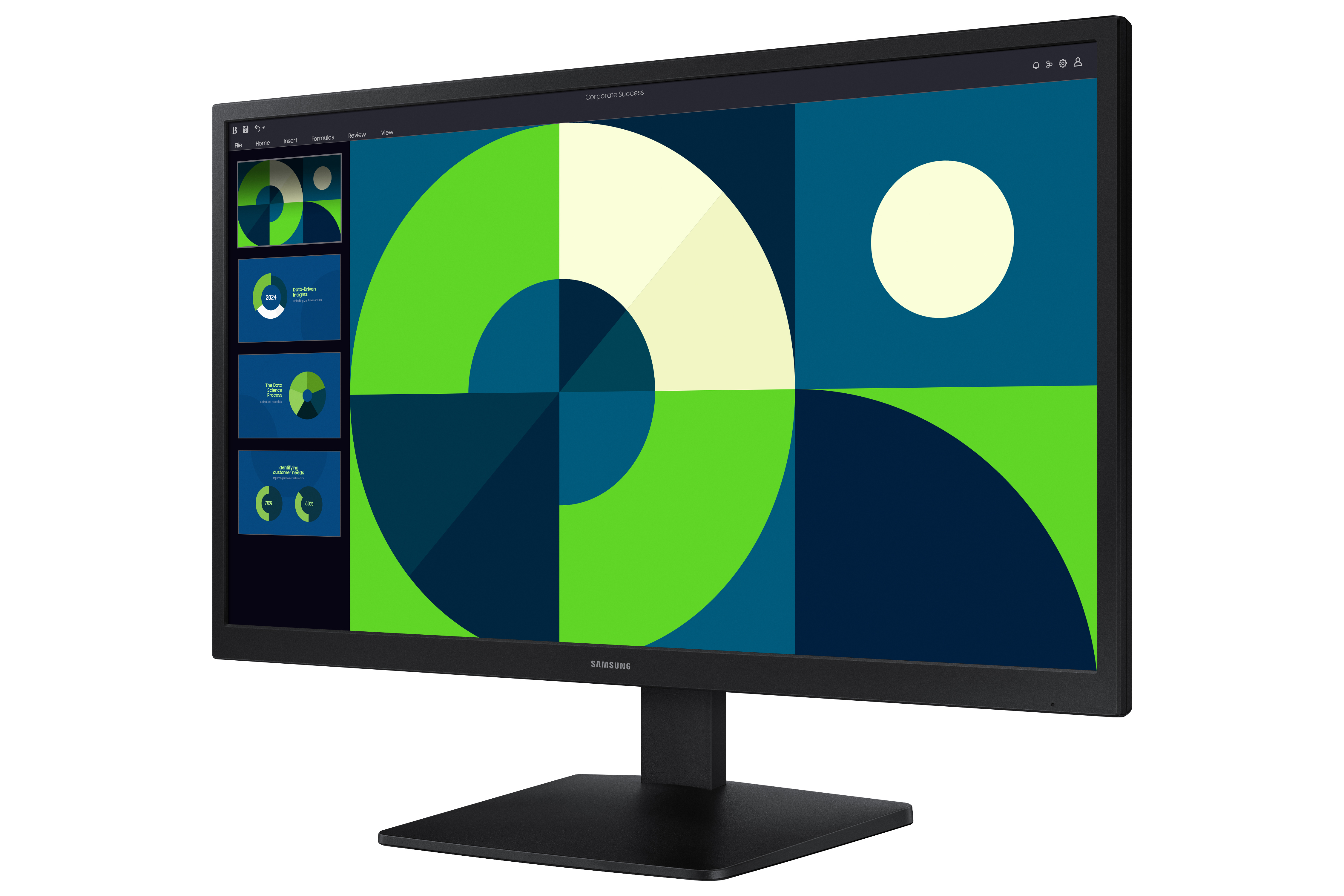 Un monitor nero mostra una presentazione con forme geometriche e visualizzazioni di dati.