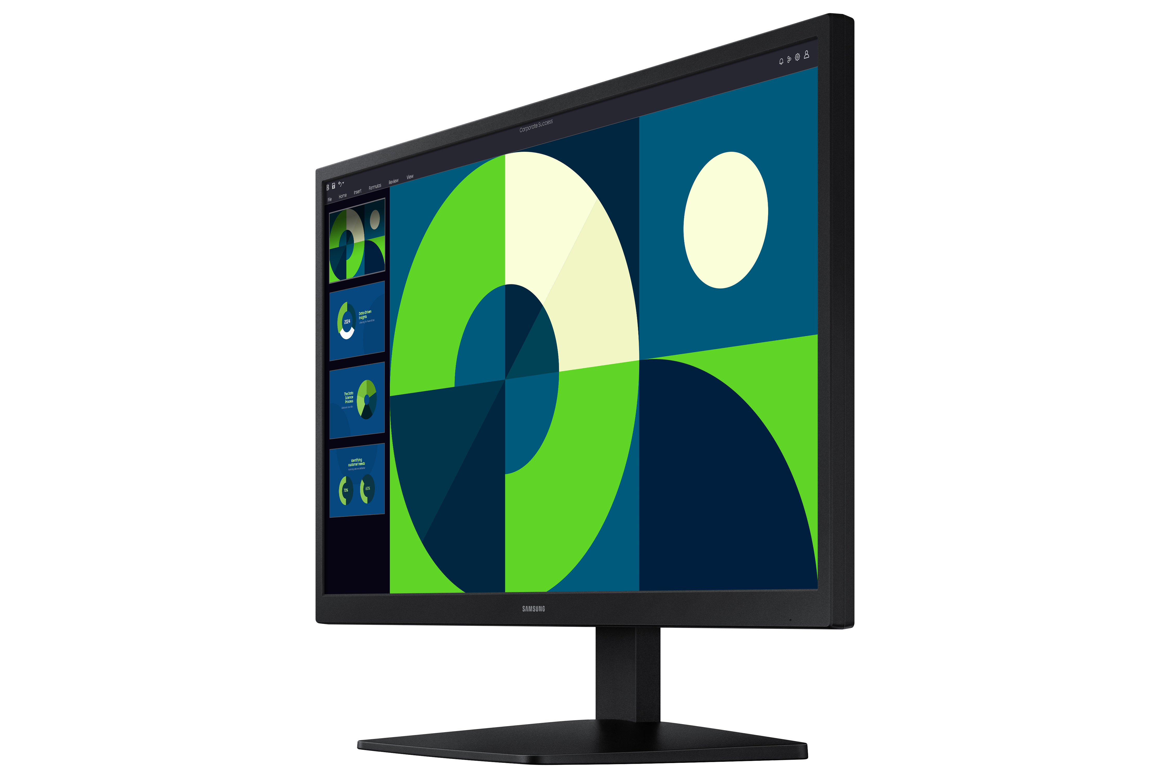 Un monitor del computer nero che mostra una presentazione con grafici e diagrammi, su sfondo bianco.