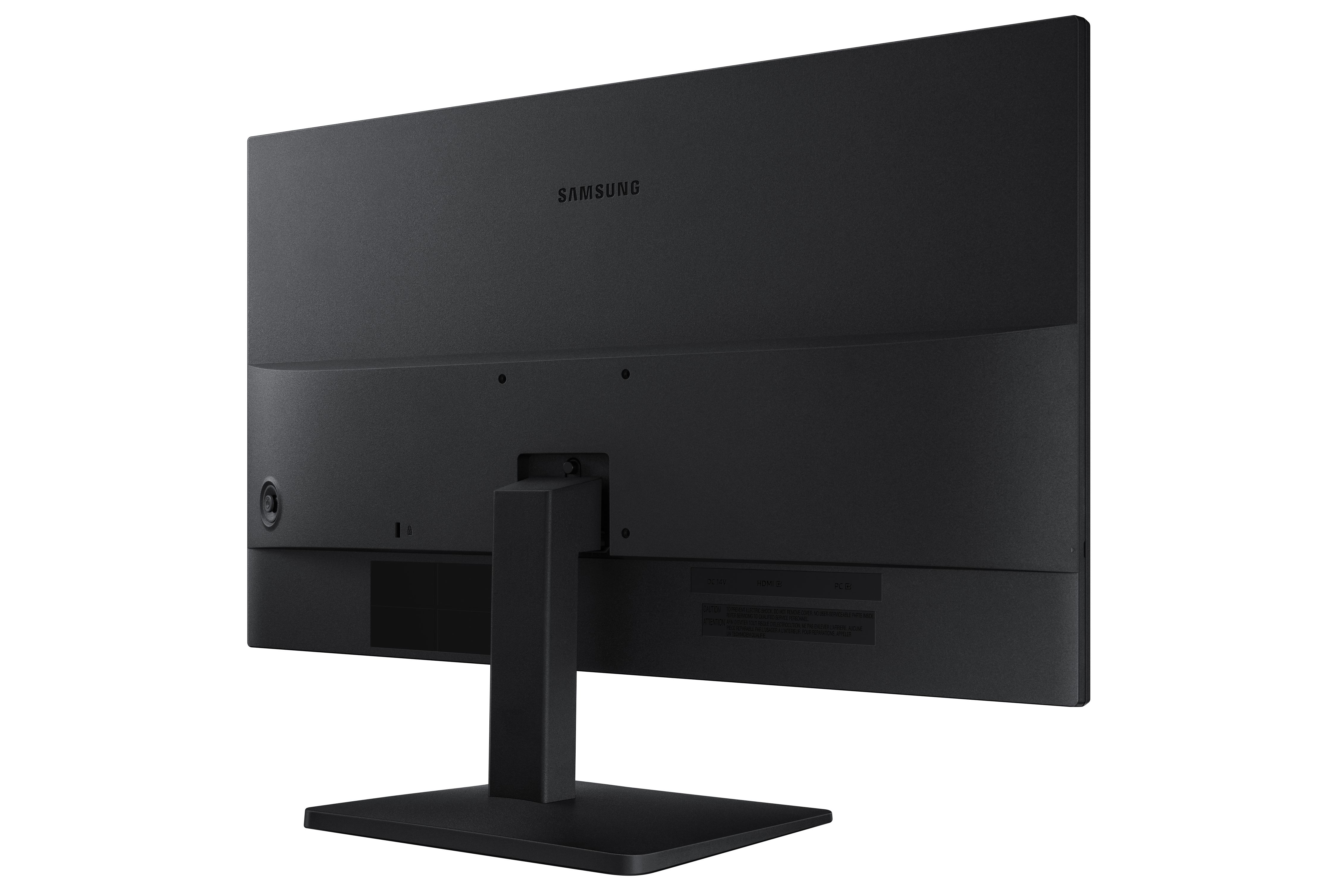 Retro di un monitor Samsung nero. Ha un supporto e porte. Il logo Samsung è visibile.