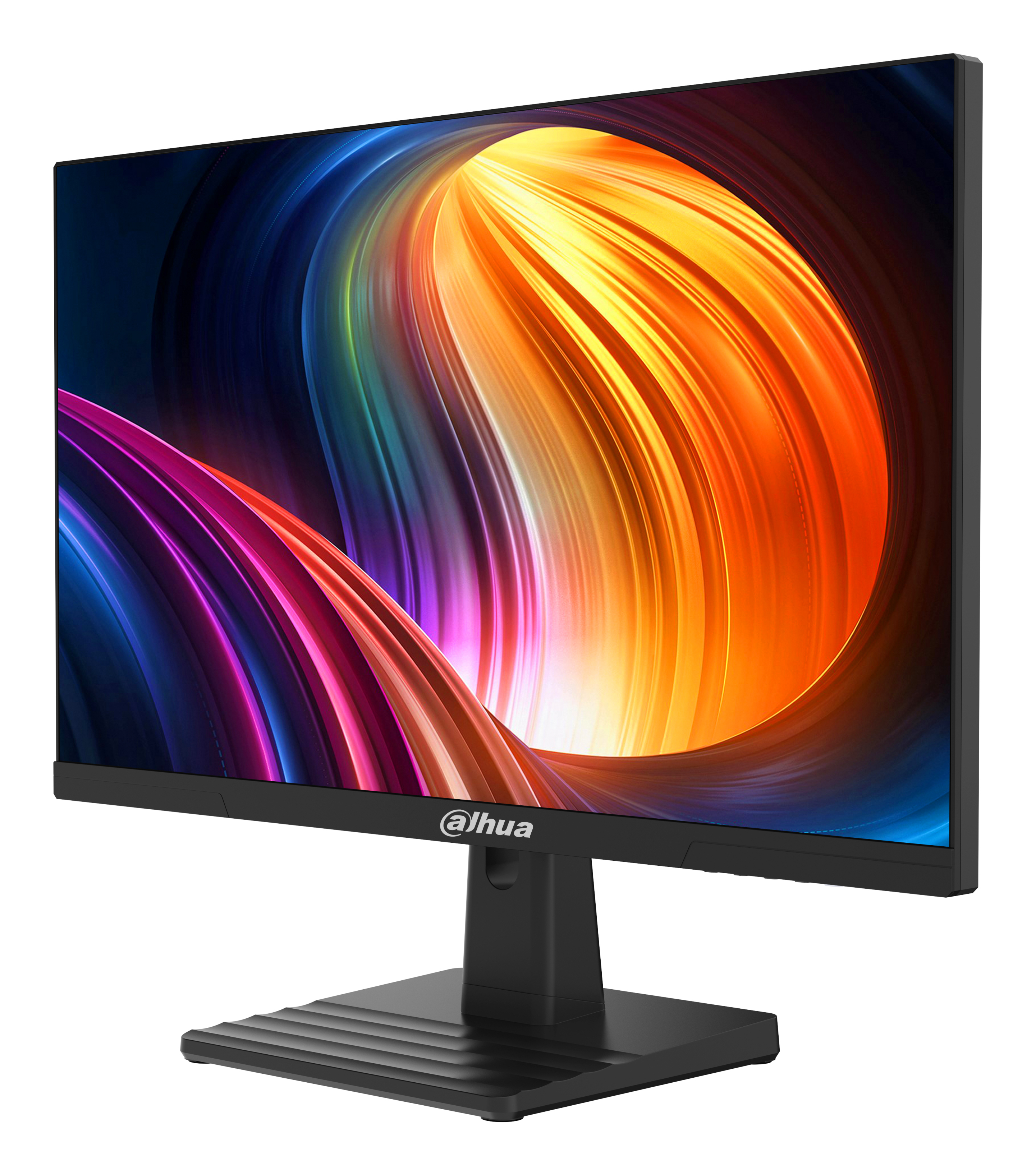 Un monitor nero con display astratto colorato su base nera. Il marchio @ahua è sulla parte anteriore.