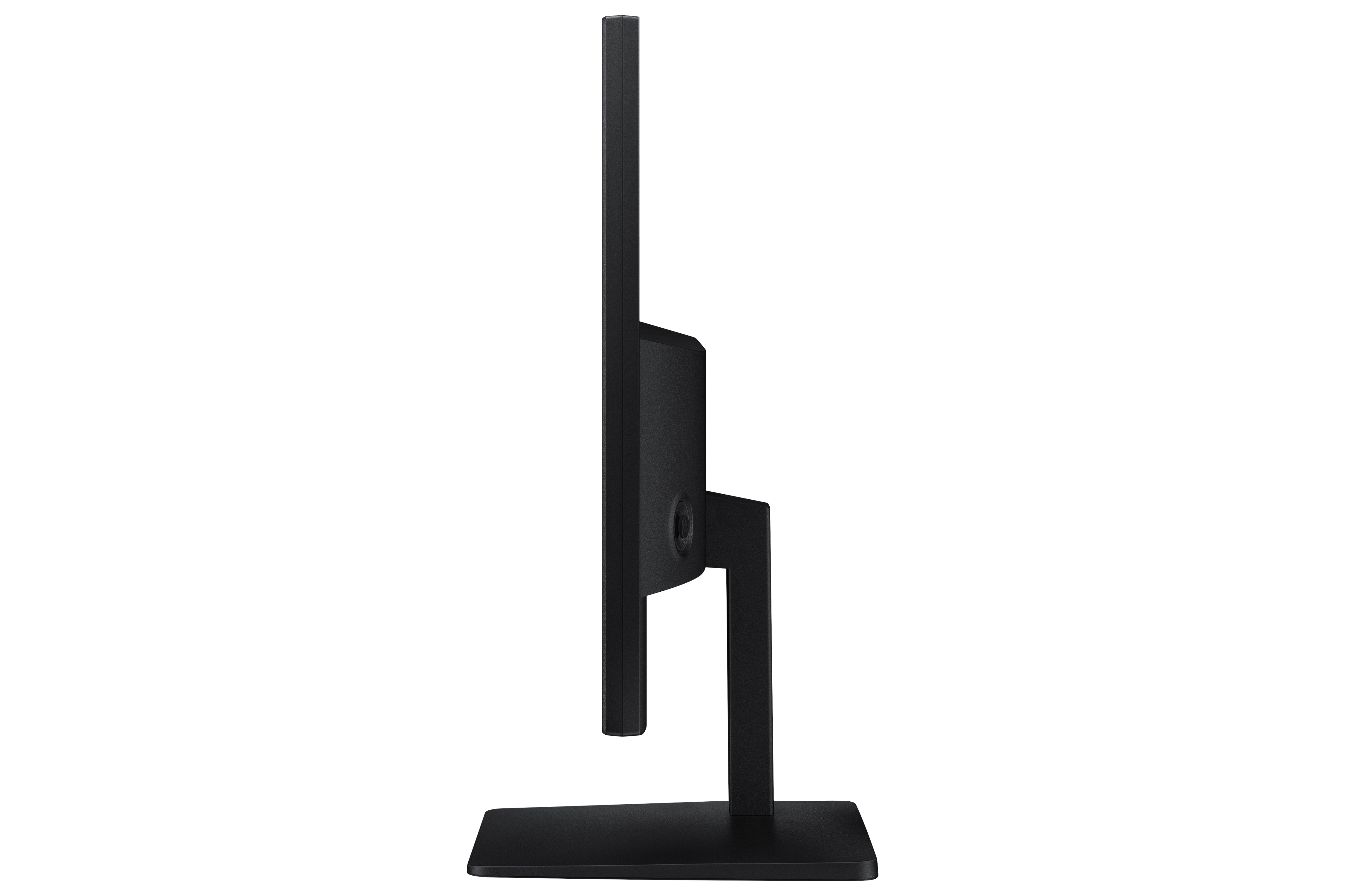Vista laterale di un monitor nero su sfondo bianco. Il monitor è in posizione verticale e ha un supporto.