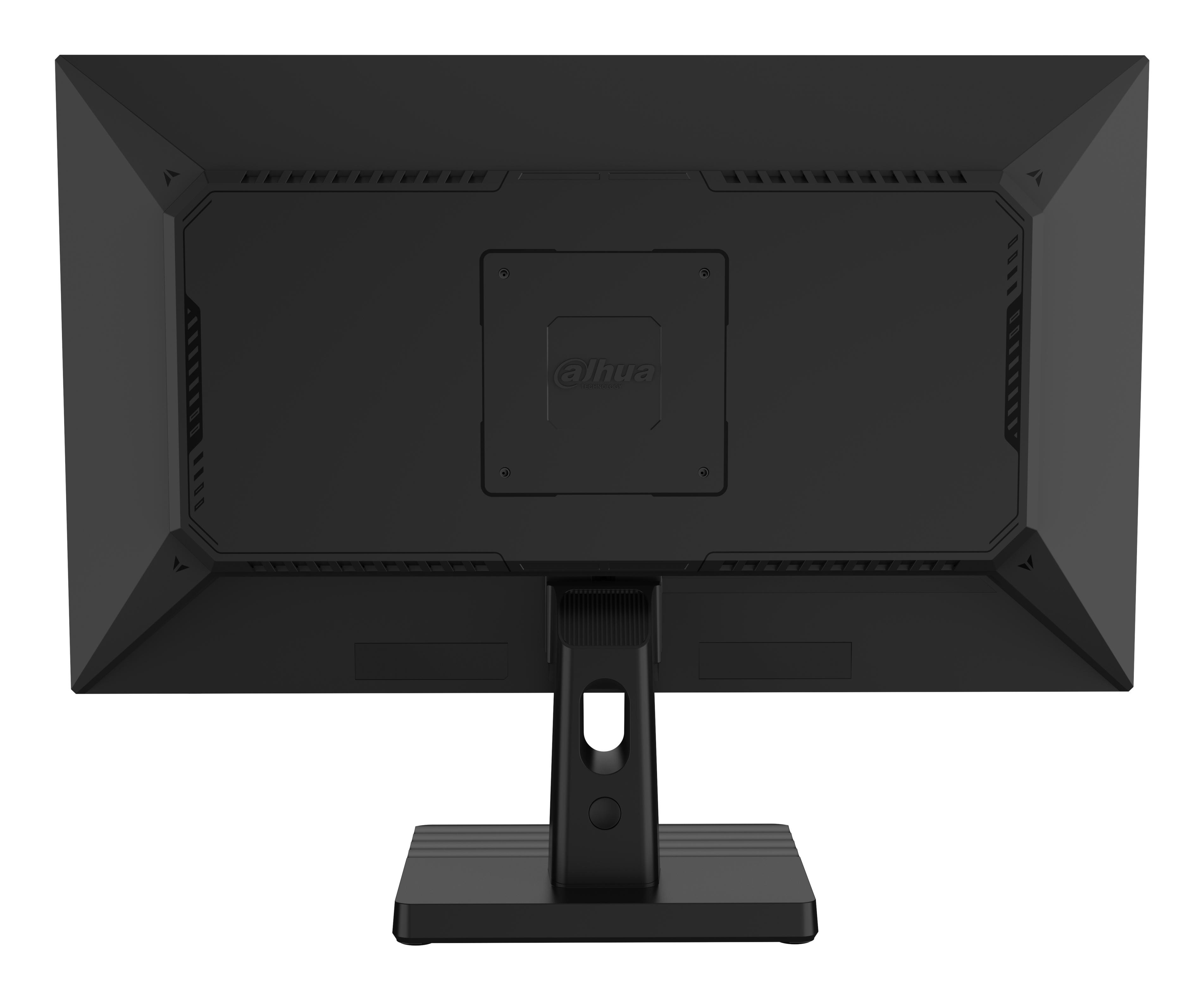 Retro di un monitor per computer nero con supporto. Il monitor ha il logo 'dahua'.