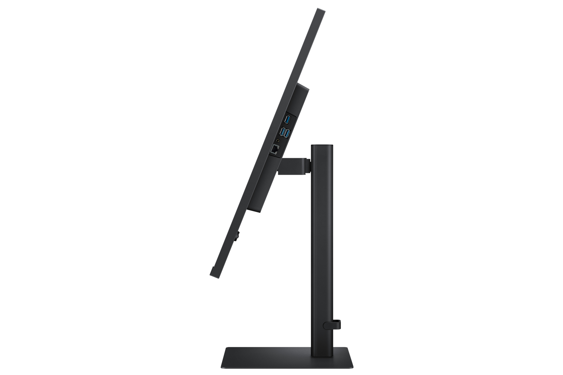 Widok z boku czarnego monitora komputerowego. Jest lekko pochylony i ma porty z boku. Podstawa również jest czarna.