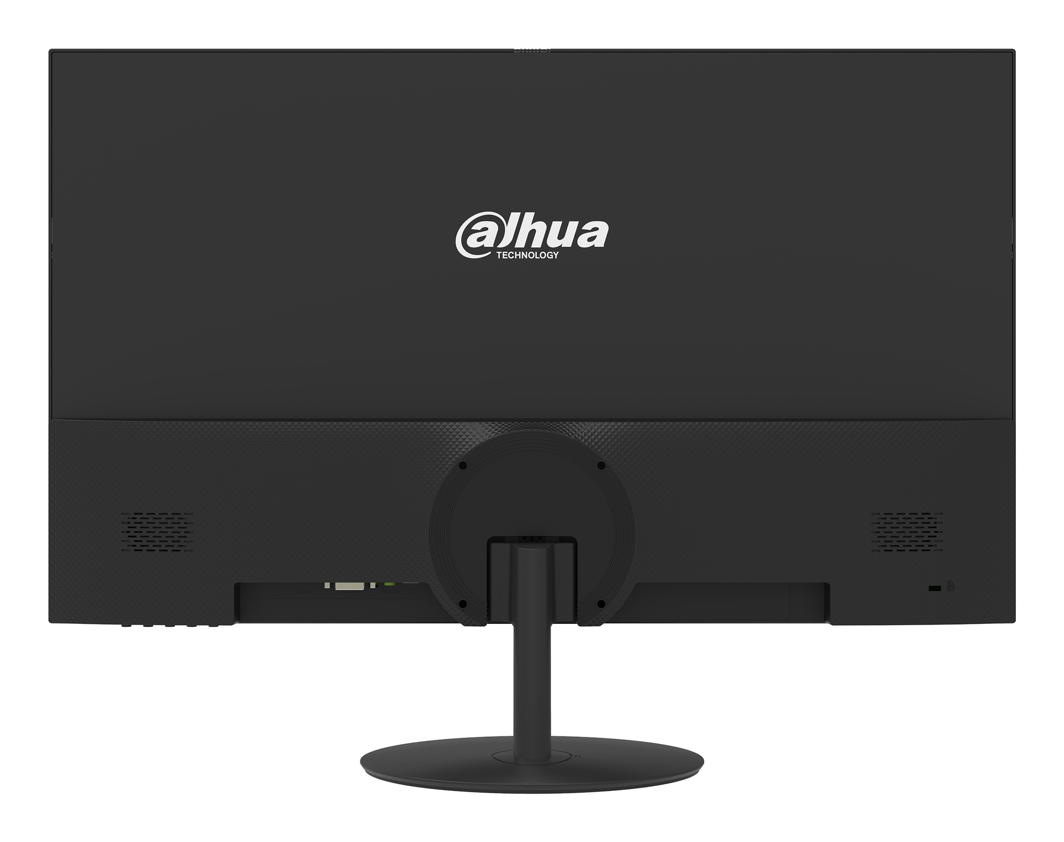 Arrière d'un écran d'ordinateur noir avec le logo 'alhua'. Il possède un pied et des ports.