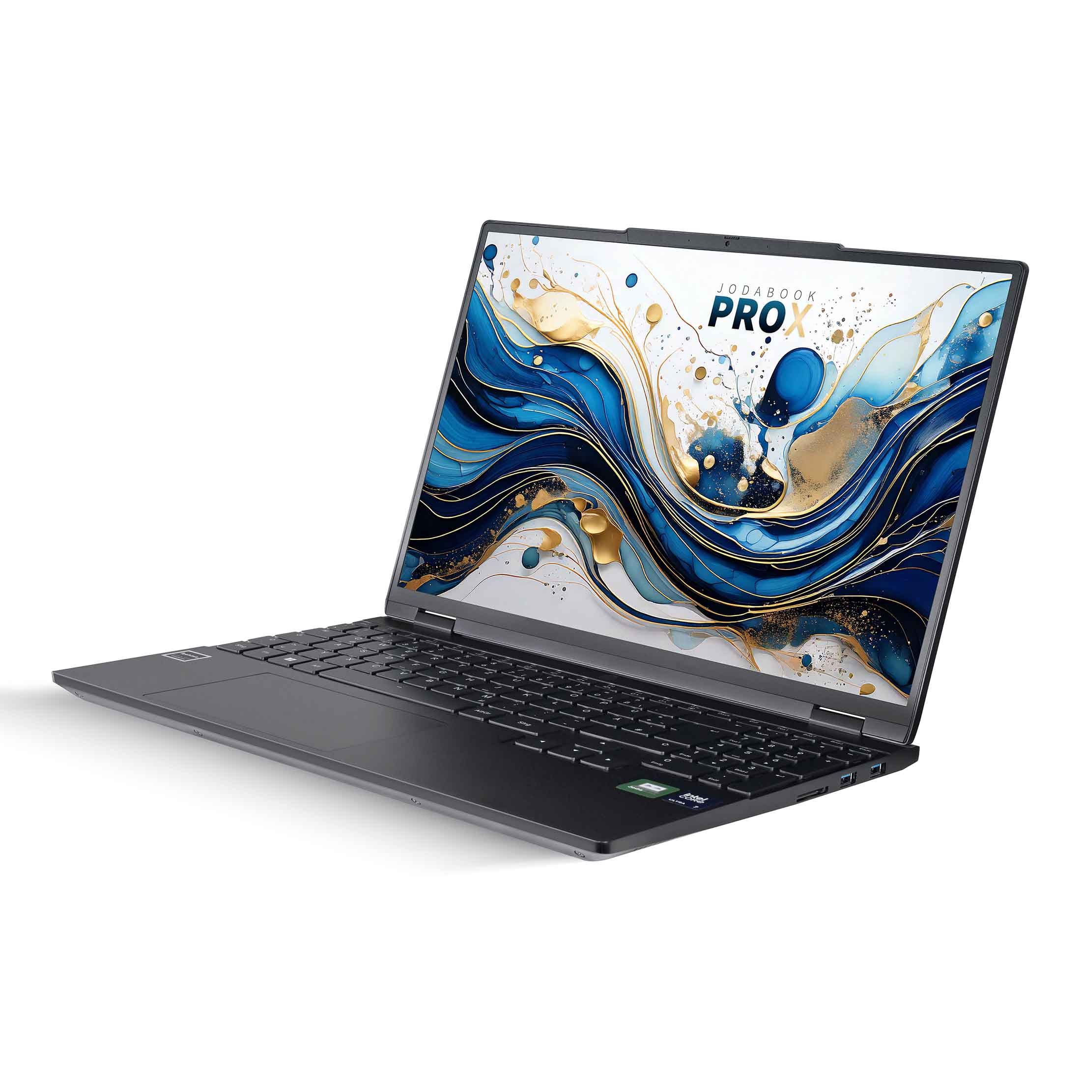 Schwarzer Laptop, geöffnet, auf Weiß. Der Bildschirm zeigt blaue, goldene und weiße abstrakte Kunst. Tastatur sichtbar.