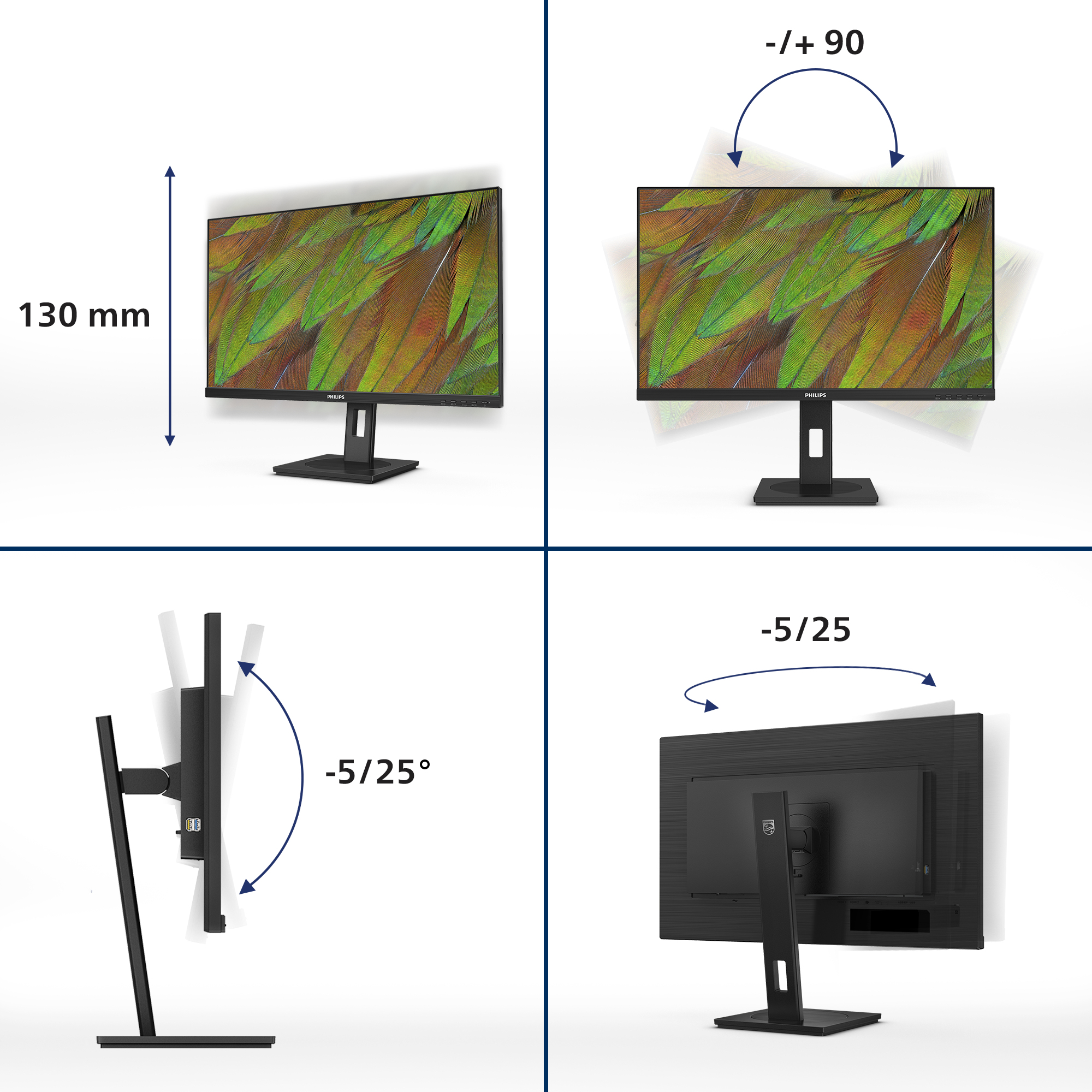 Un monitor Philips mostra diversi angoli di regolazione. Lo schermo mostra un motivo di piume colorate. Le frecce indicano il movimento.