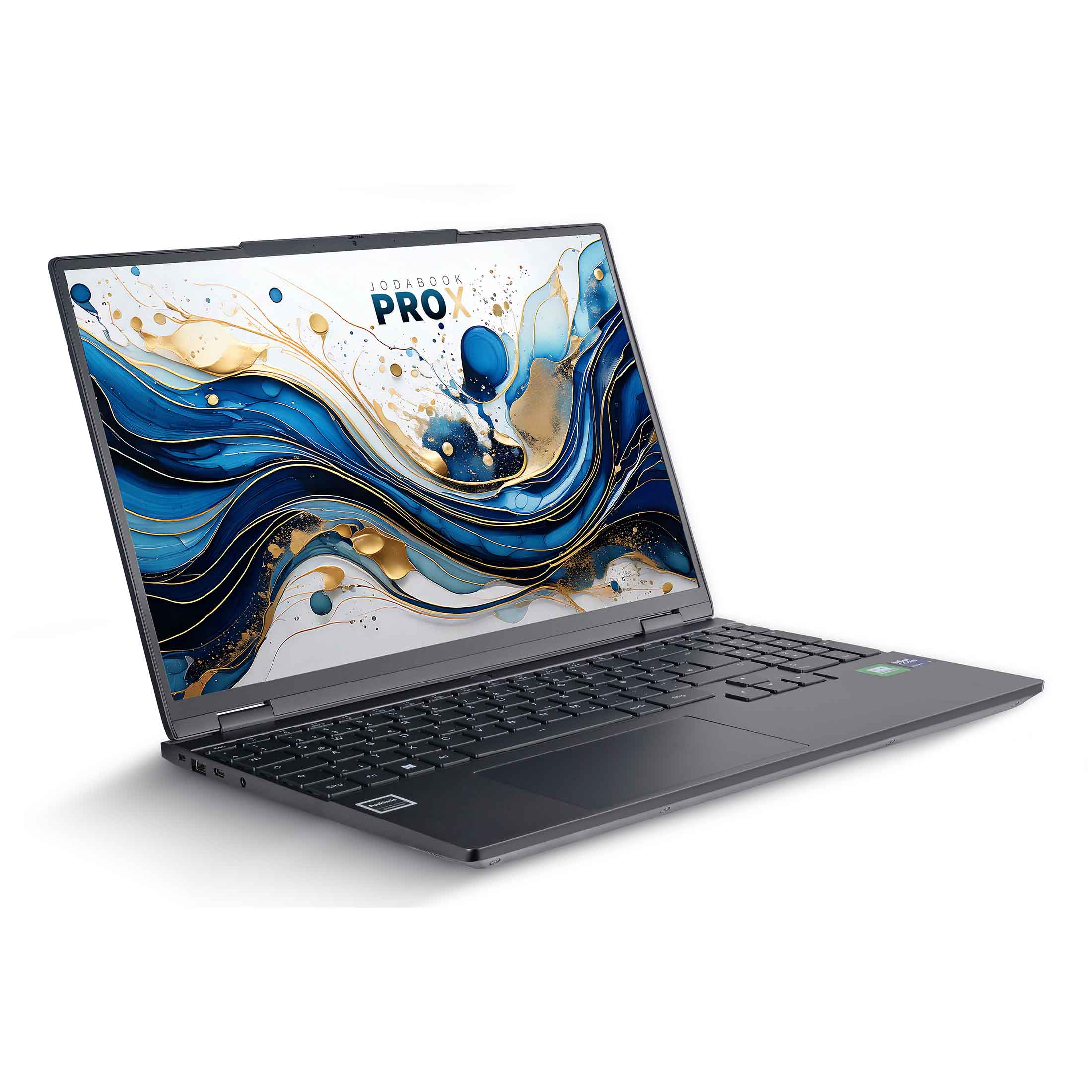 Ein Laptop mit einem Bildschirm, der blaue und goldene abstrakte Kunst zeigt. Die Tastatur ist sichtbar.