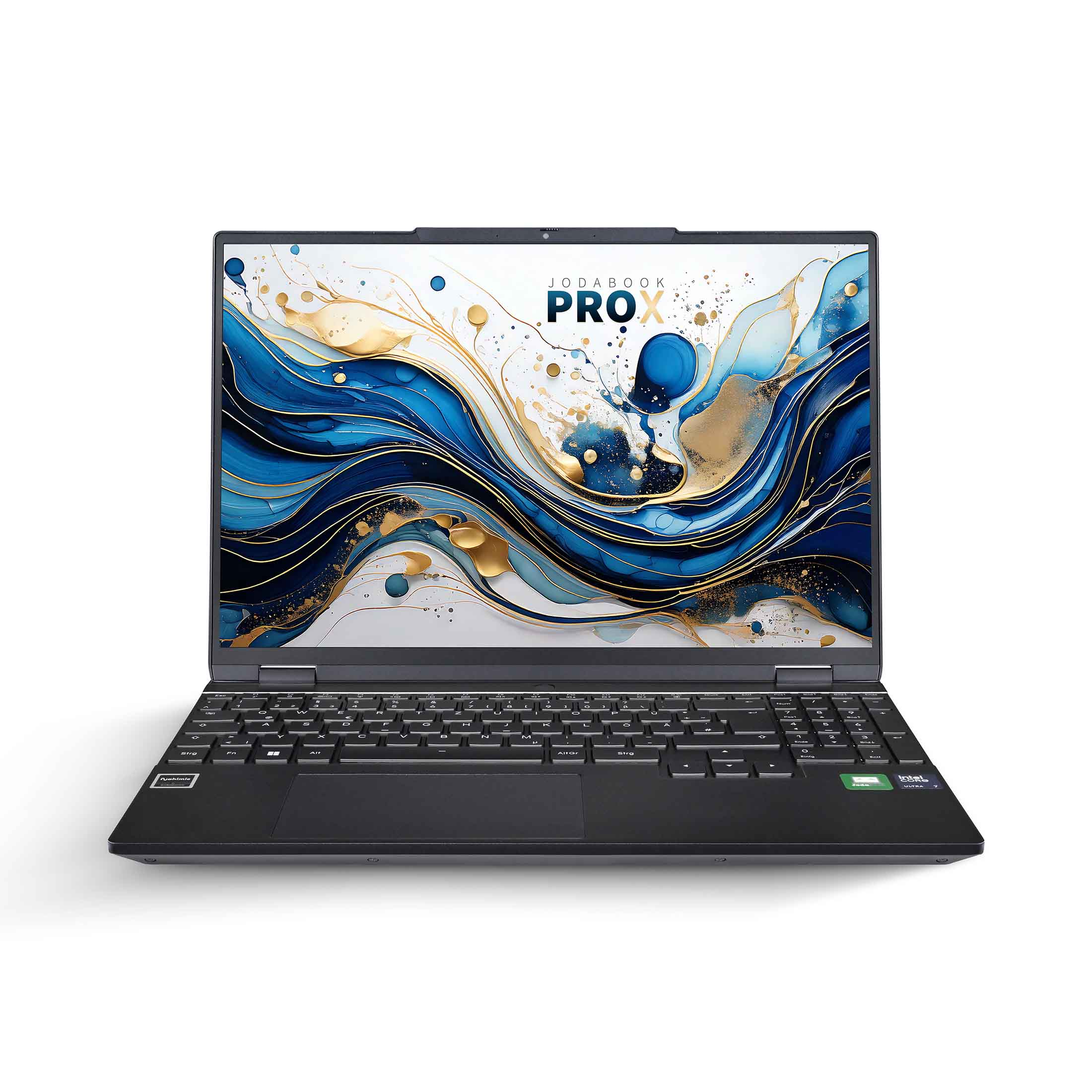Ein schwarzer Laptop mit blau-goldener abstrakter Kunst auf dem Bildschirm und einer Tastatur. Der Markenname lautet JODABOOK PRO X.