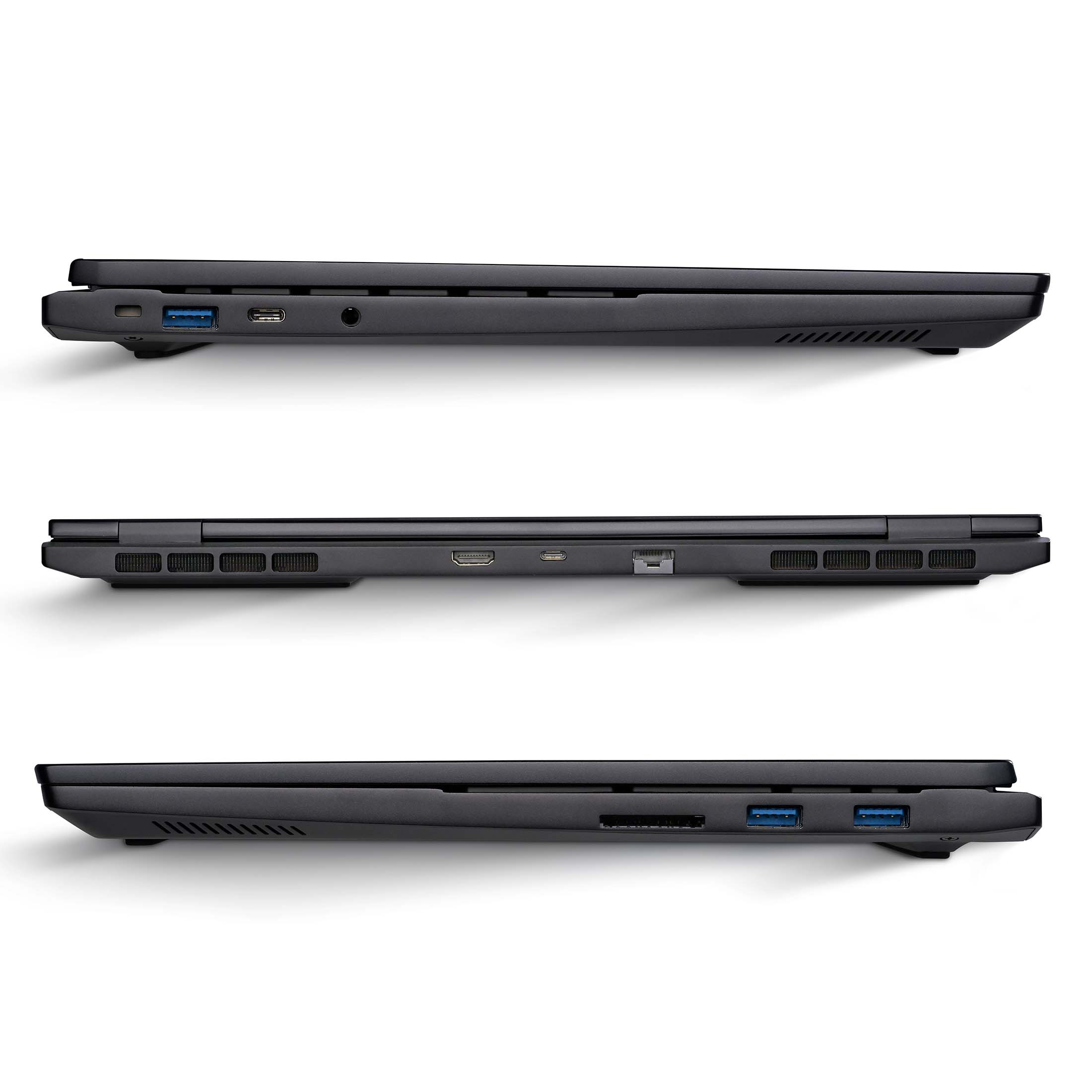Ein schwarzer Laptop aus drei verschiedenen Blickwinkeln, der Anschlüsse und Lüftungsschlitze vor weißem Hintergrund zeigt.
