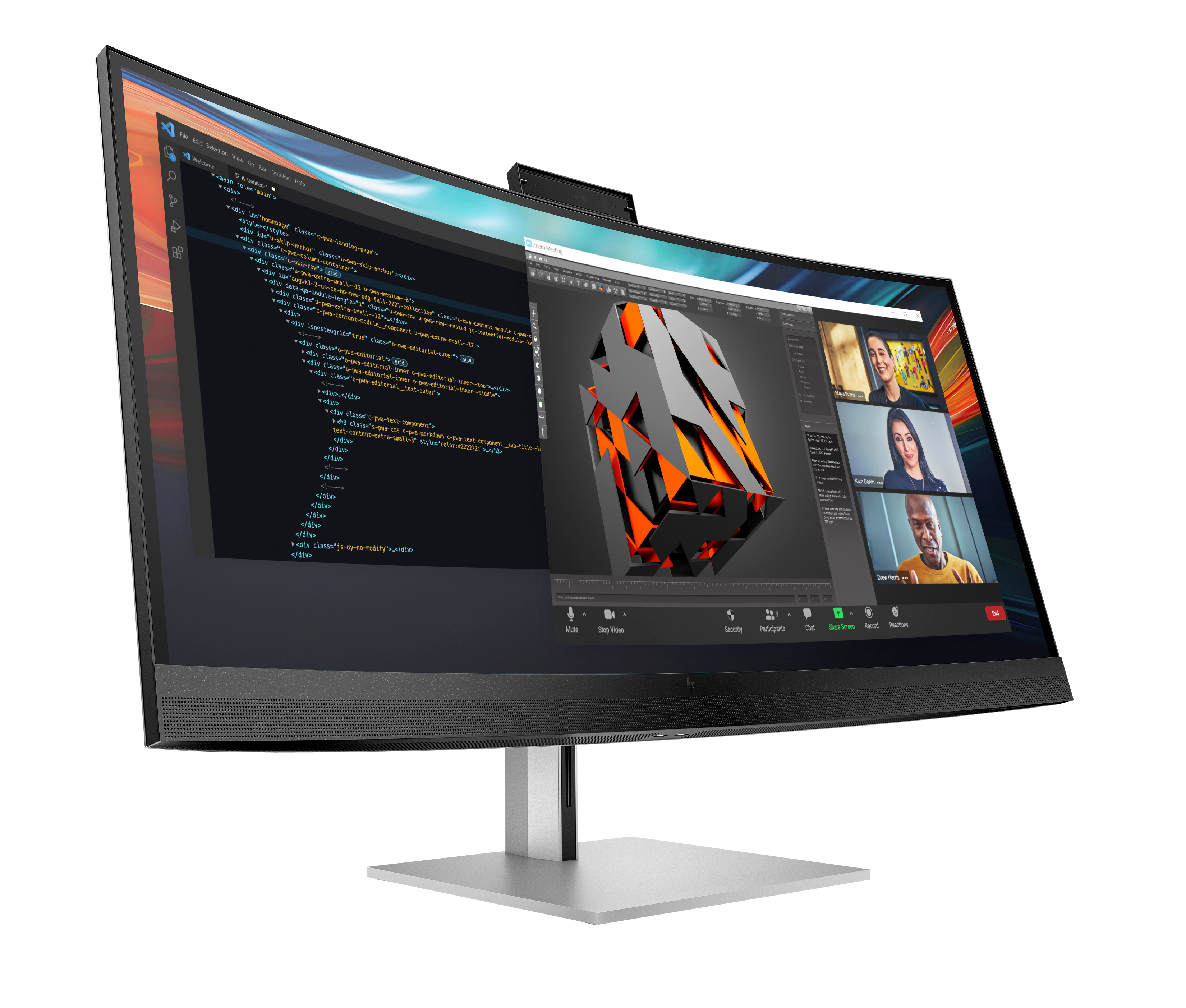 Un monitor curvo muestra código, un modelo 3D y una reunión de Zoom con 3 participantes.