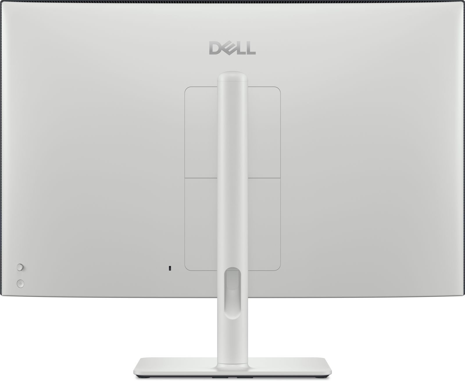 Widok z tyłu białego monitora Dell. Logo Dell znajduje się u góry. Ma podstawkę i przycisk zasilania.
