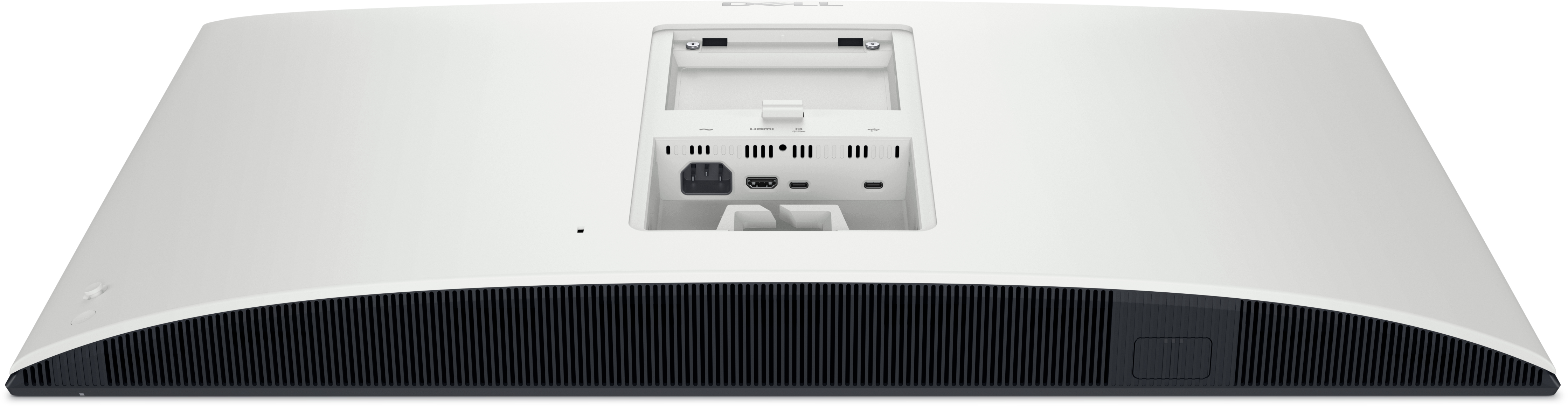 Tył białego monitora z czarnymi otworami wentylacyjnymi na dole. Widoczne porty. Logo marki u góry.