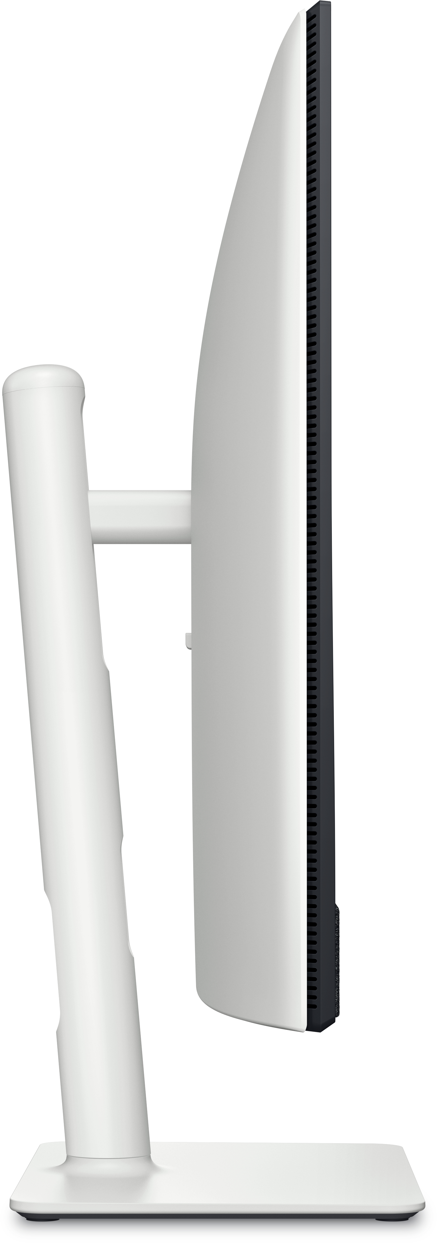 Widok z boku białego monitora. Ekran jest odwrócony. Monitor ma czarną ramkę.