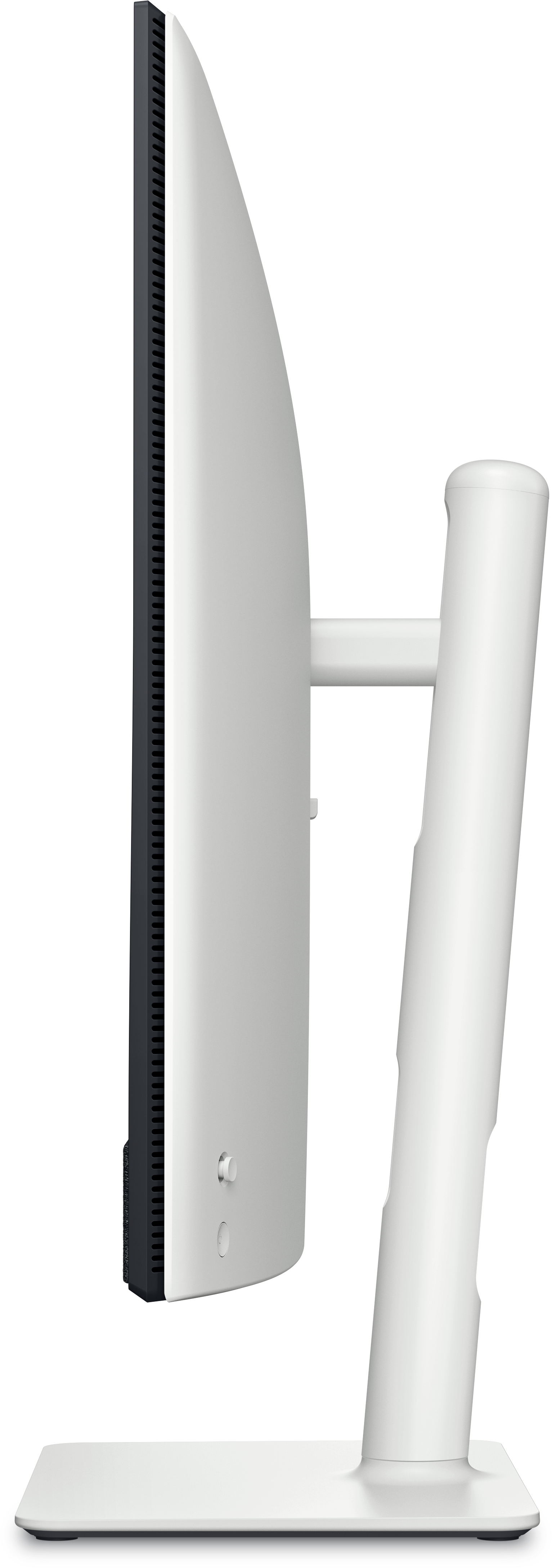 Biały monitor komputera, widok z boku, z ciemnoszarym pionowym tyłem i białą podstawą.