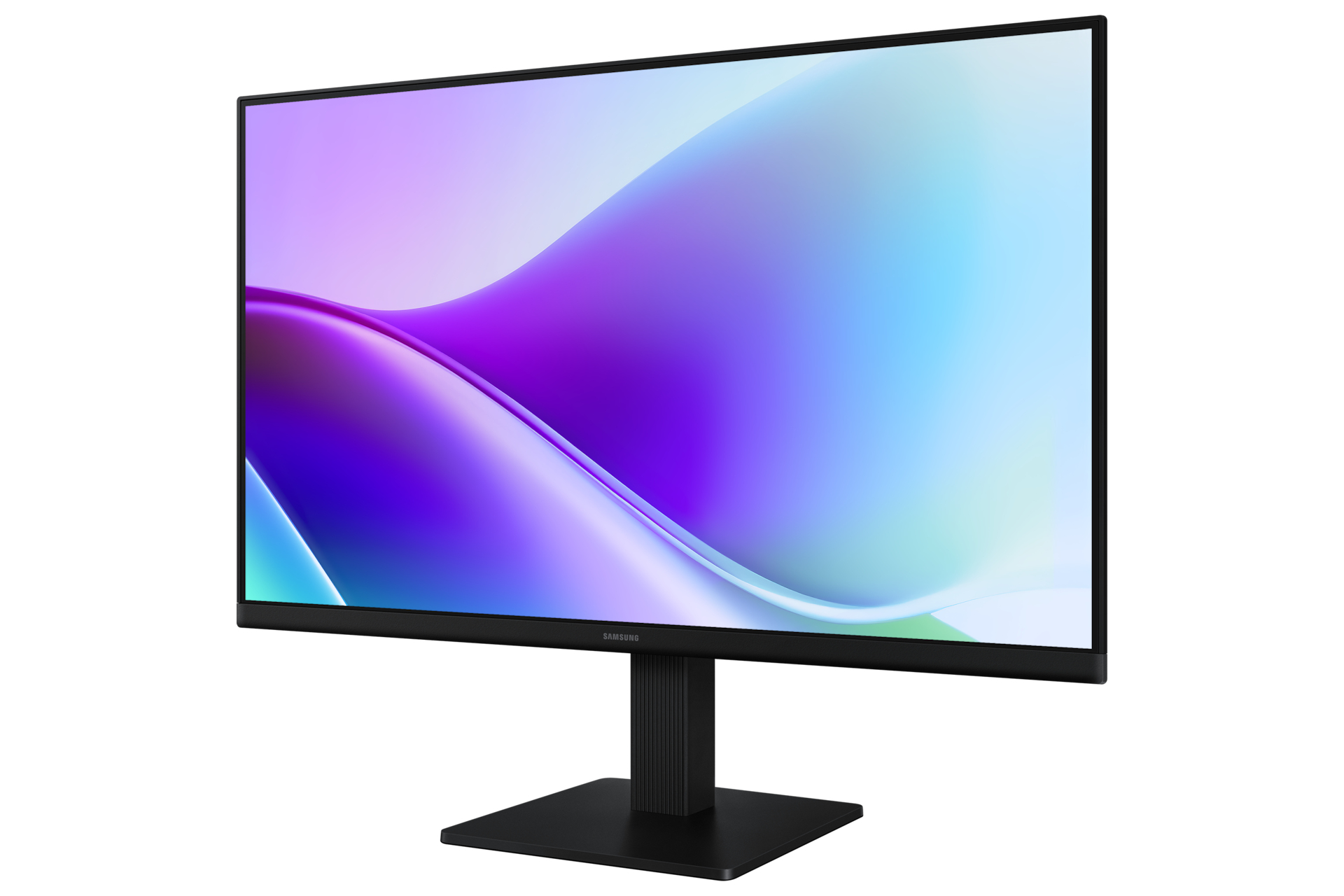 Een zwarte Samsung monitor toont een paars en blauw abstract ontwerp. De monitor heeft een zwarte standaard op een witte achtergrond.